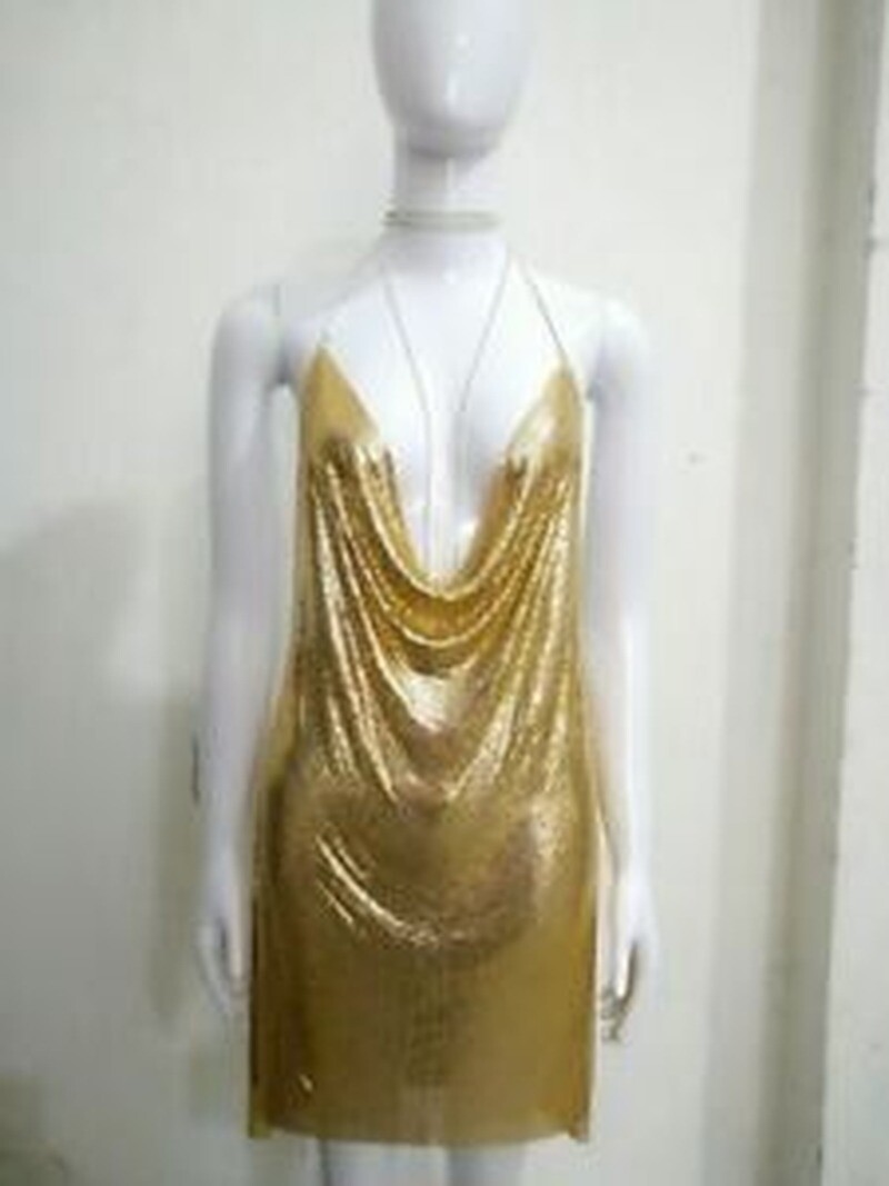Stunning Sequin Metal Mesh Backless Crystal Halter Neck Mini Dress Gown Bling