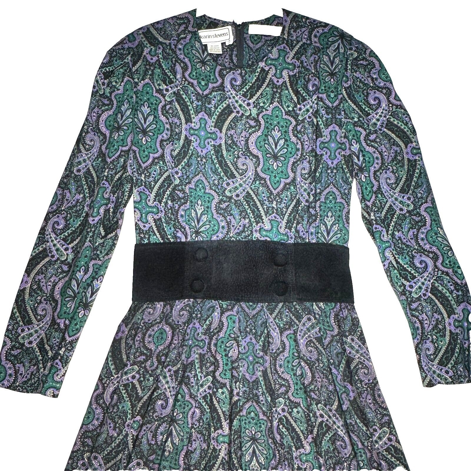 Vintage Karin Stevens Purple Green Paisley Long Sleeve Midi Dress