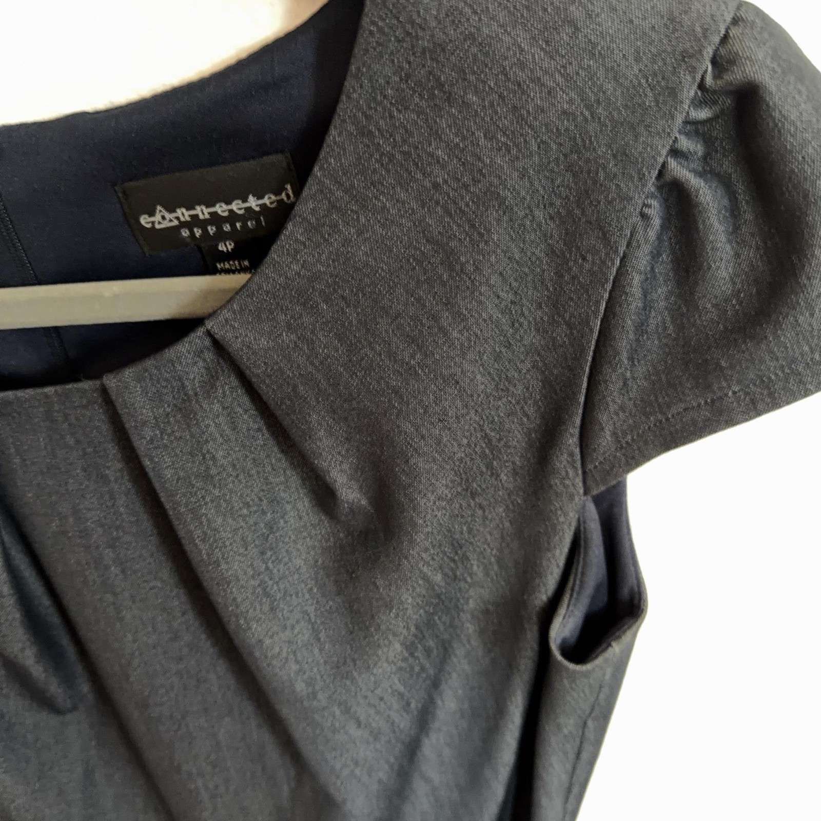 Connected Apparel Dress Womens 4P Gray Belted Sheath Cap Sleeve Knee Length