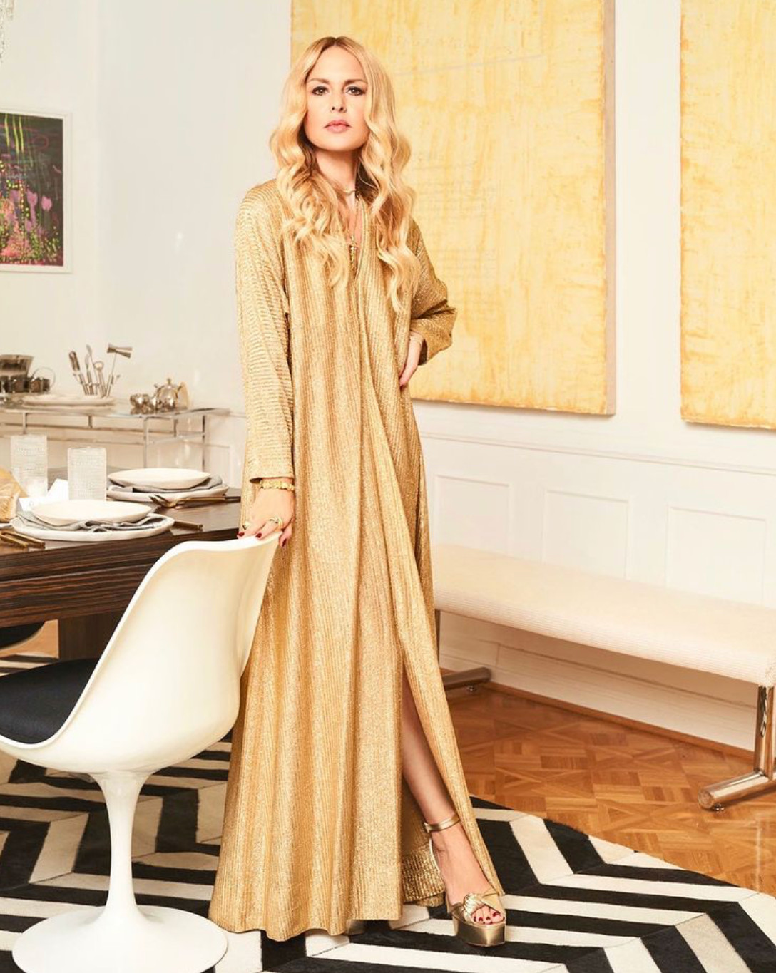 Halston IV 1980s Dorian Black Metallic Gold Lame Maxi Full Length Caftan Kaftan