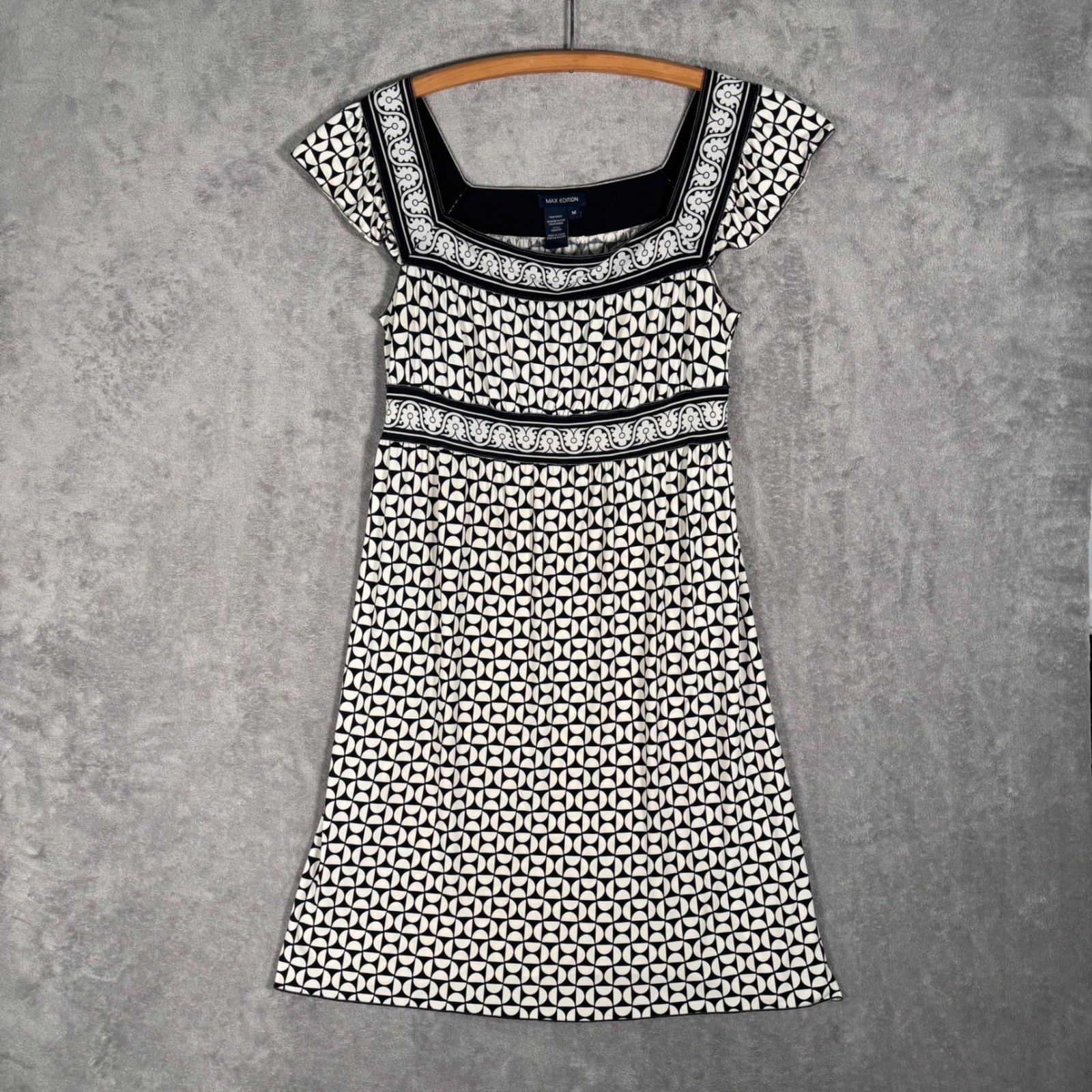 Max Edition Babydoll Dress Size M Black White Geometric Print Square Neck Y2K