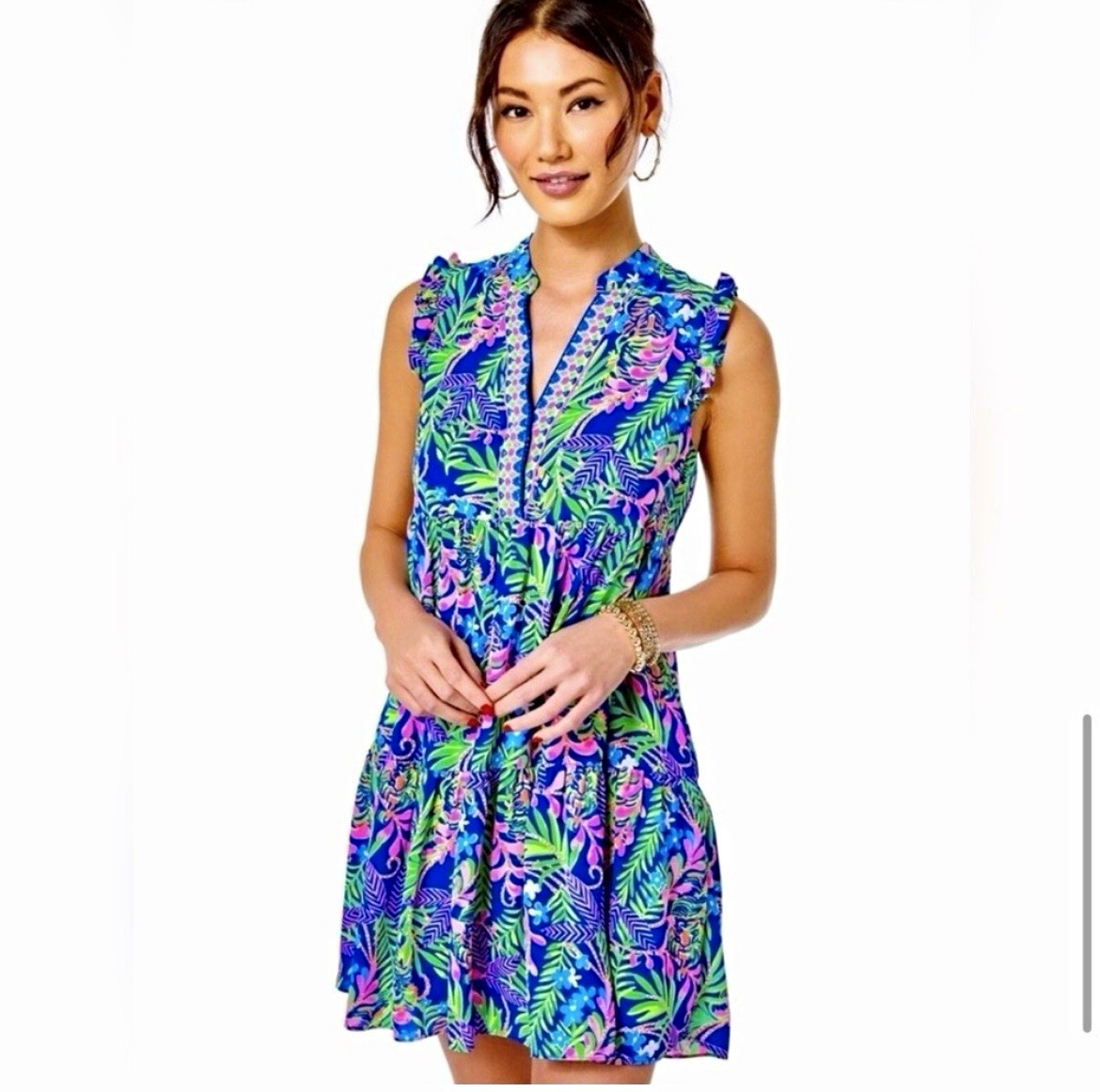 Lilly Pulitzer Women’s M Tropical Floral V-Neck Ruffle Short Dress