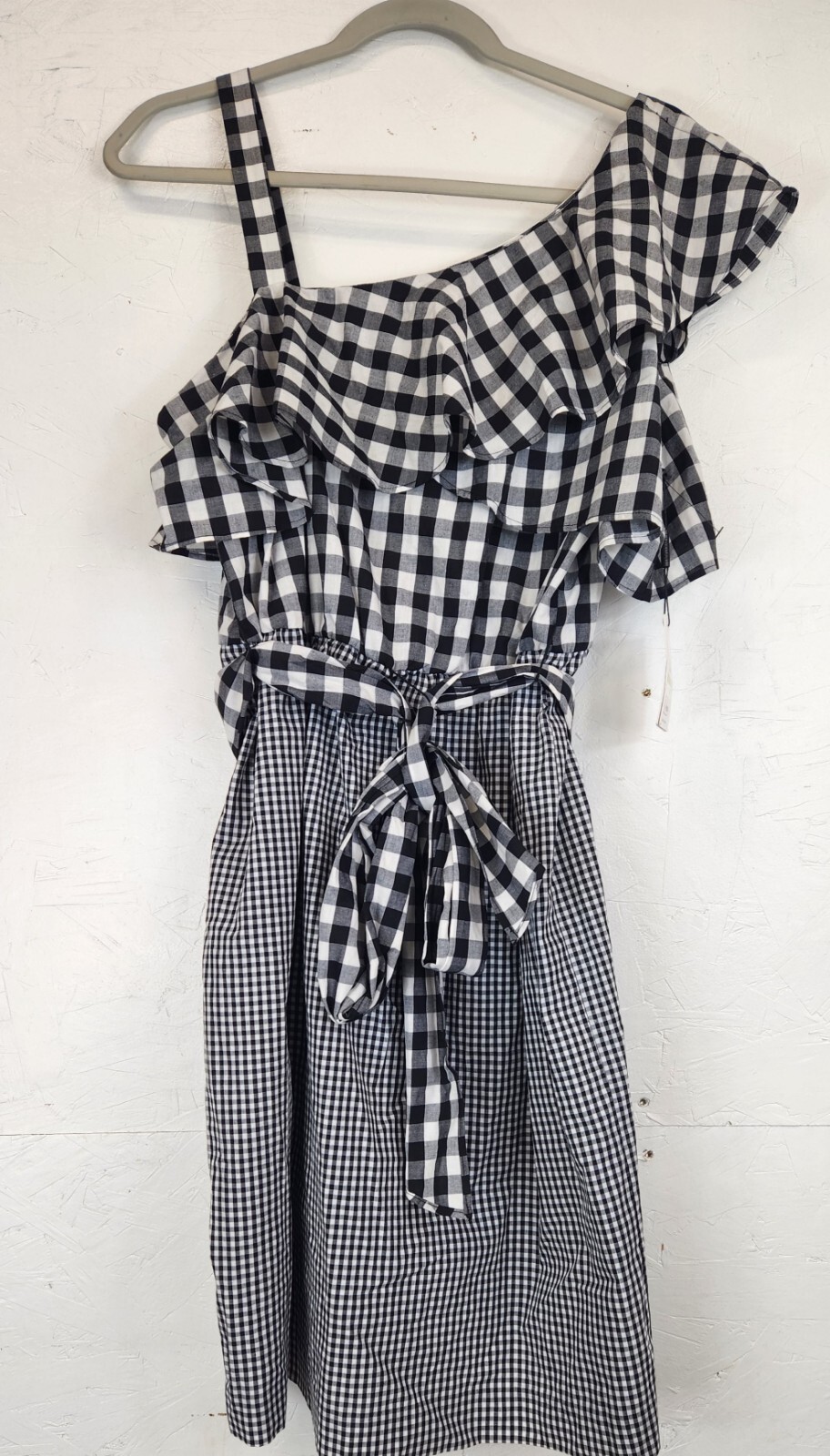 Calvin Klein Women’s Dress Black and White Gingham One Shoulder Sheath Size 14