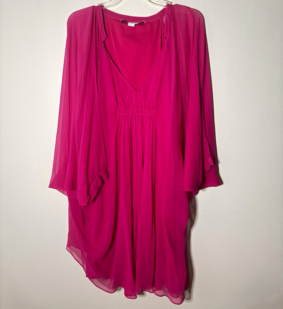 Diane von Furstenberg Pink Silk Chiffon V-Neck 3/4 Sleeve Shift Dress 10