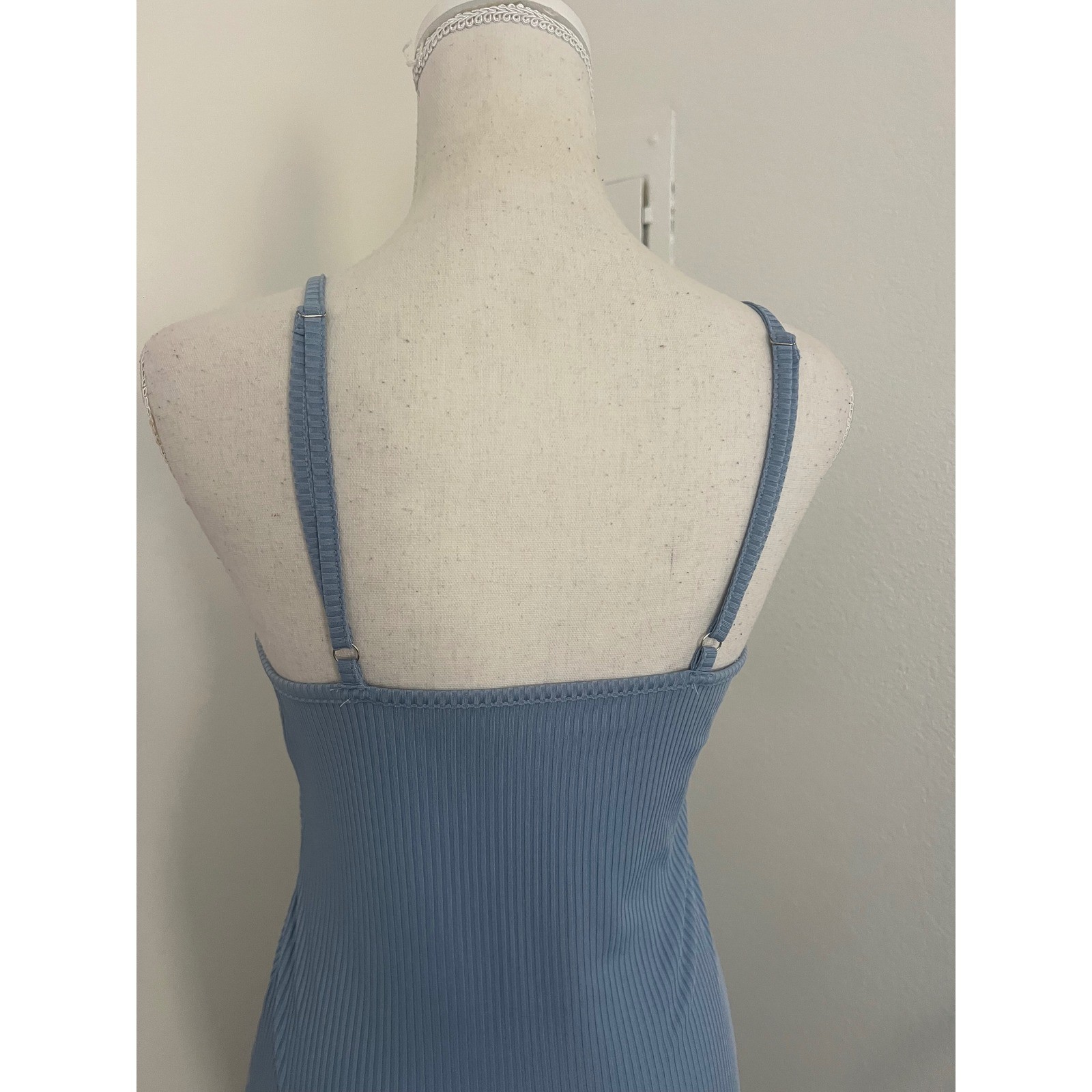 LYANER Light Blue Ribbed Tie Front Cutout Maxi Dress Small Side Slit Bodycon
