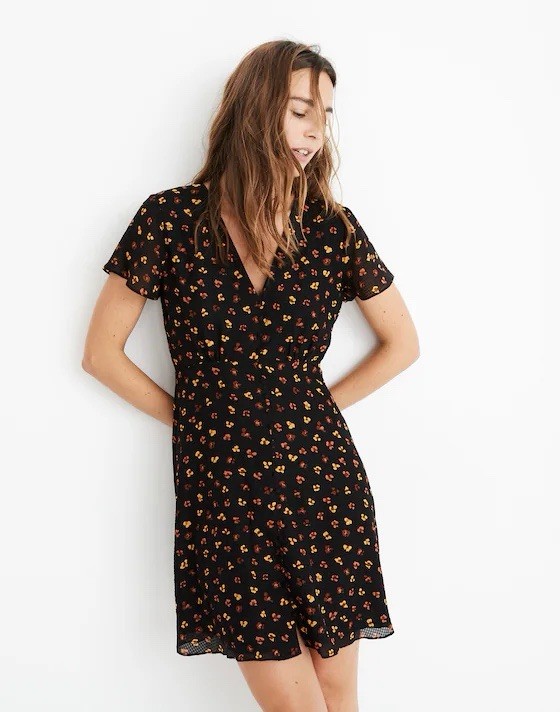 Madewell Feline Floral Silk Button Front Dress Size 4 Black Flowy Wedding