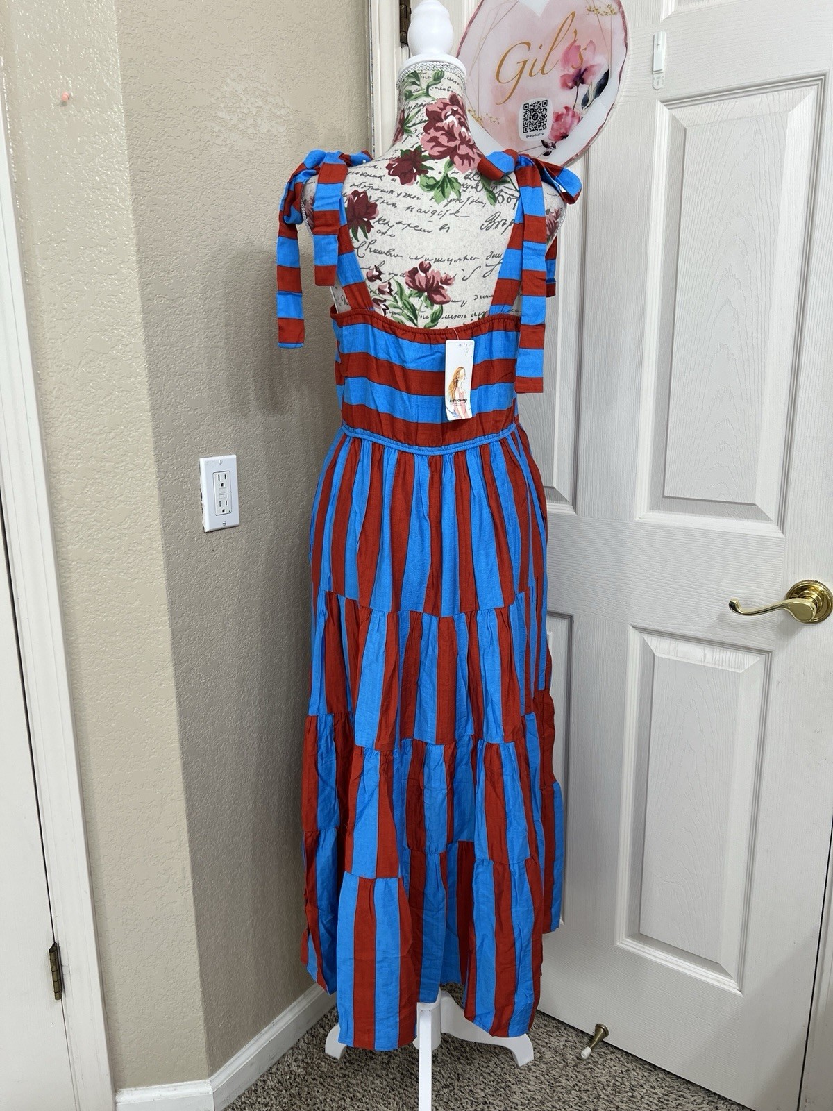 PrettyGarden Striped Tie-Shoulder Maxi Dress In Blue & Red Size Small NWT