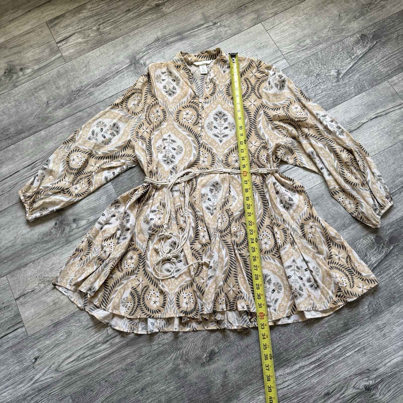 H&M Beige Patterned A-Line Dress Balloon Long Sleeve Viscose Cotton S
