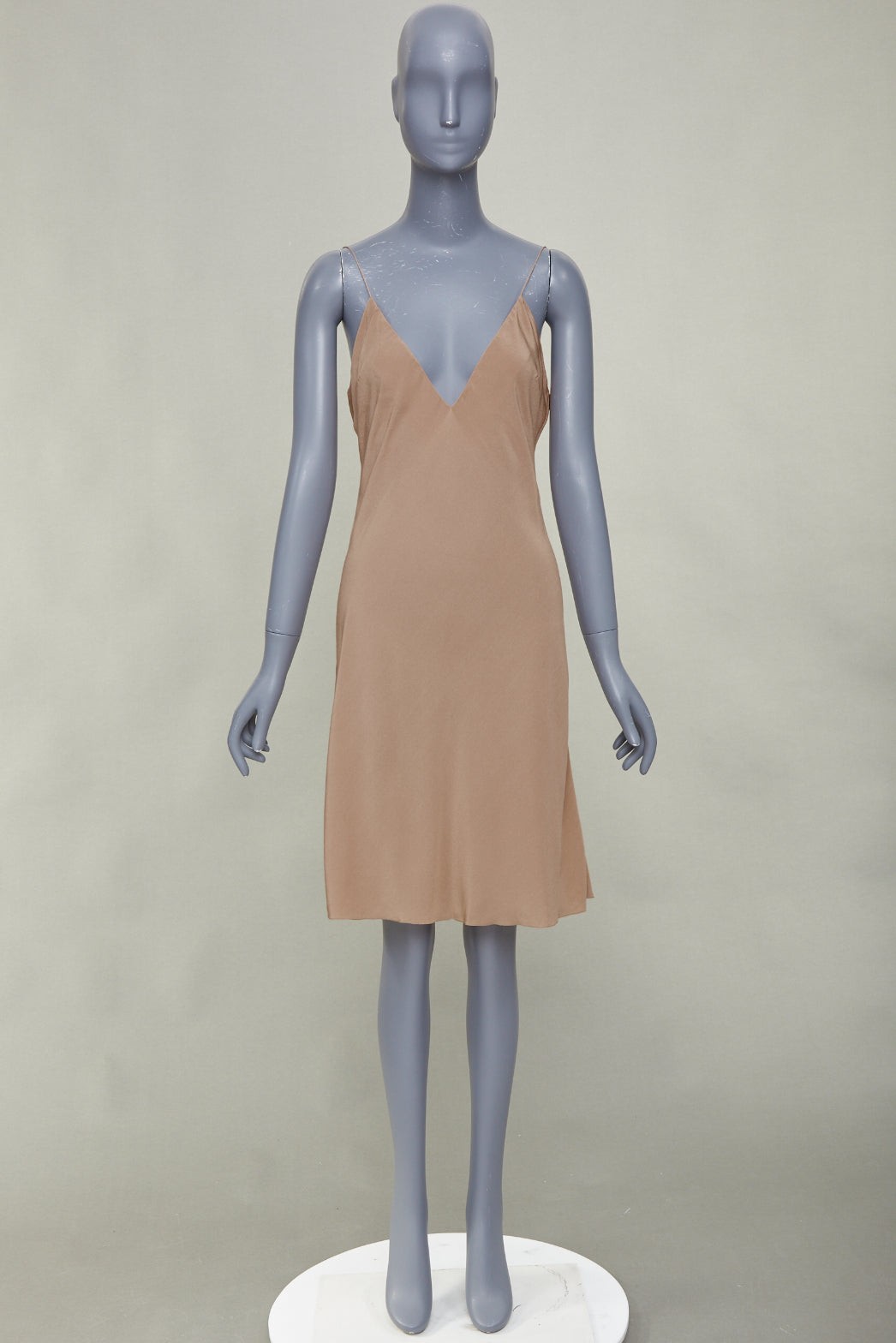 HERMES 100% silk nude spaghetti strap plunging mini slip lining dress FR40 L
