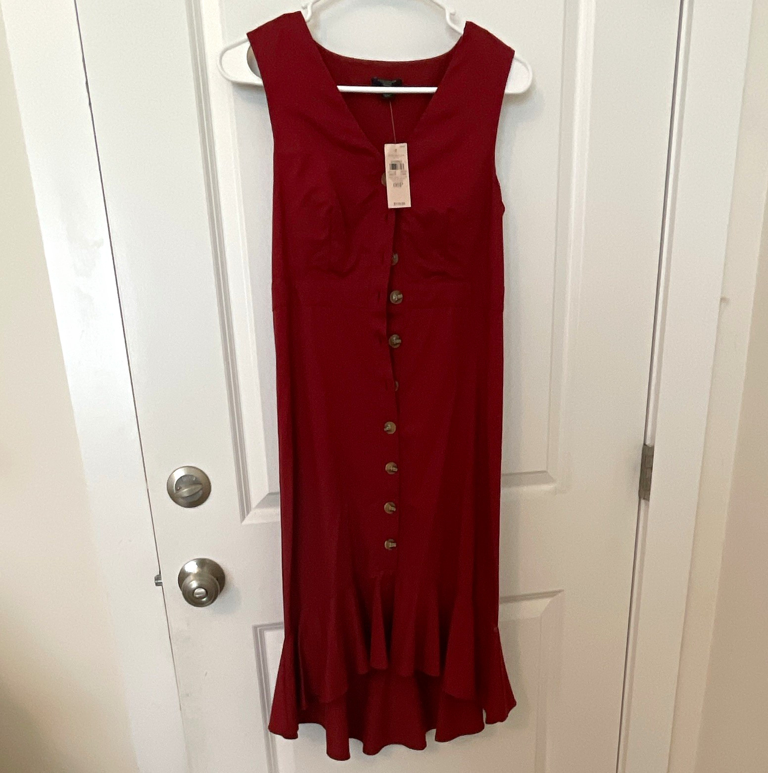 Ann Taylor Petites 00P Red Solid Cotton Blend V-Neck A-Line Midi Dress Button