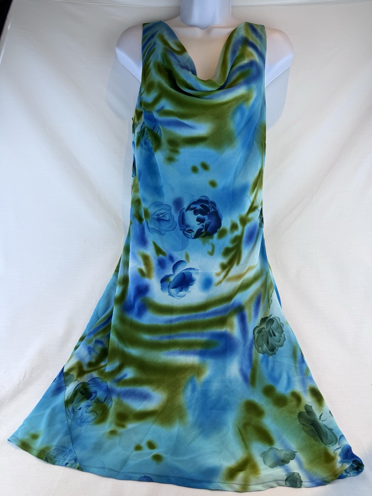 A Wild Thyme Vintage 90s Floral Dress Cowl Neck Y2K Watercolors Friends Blue 10
