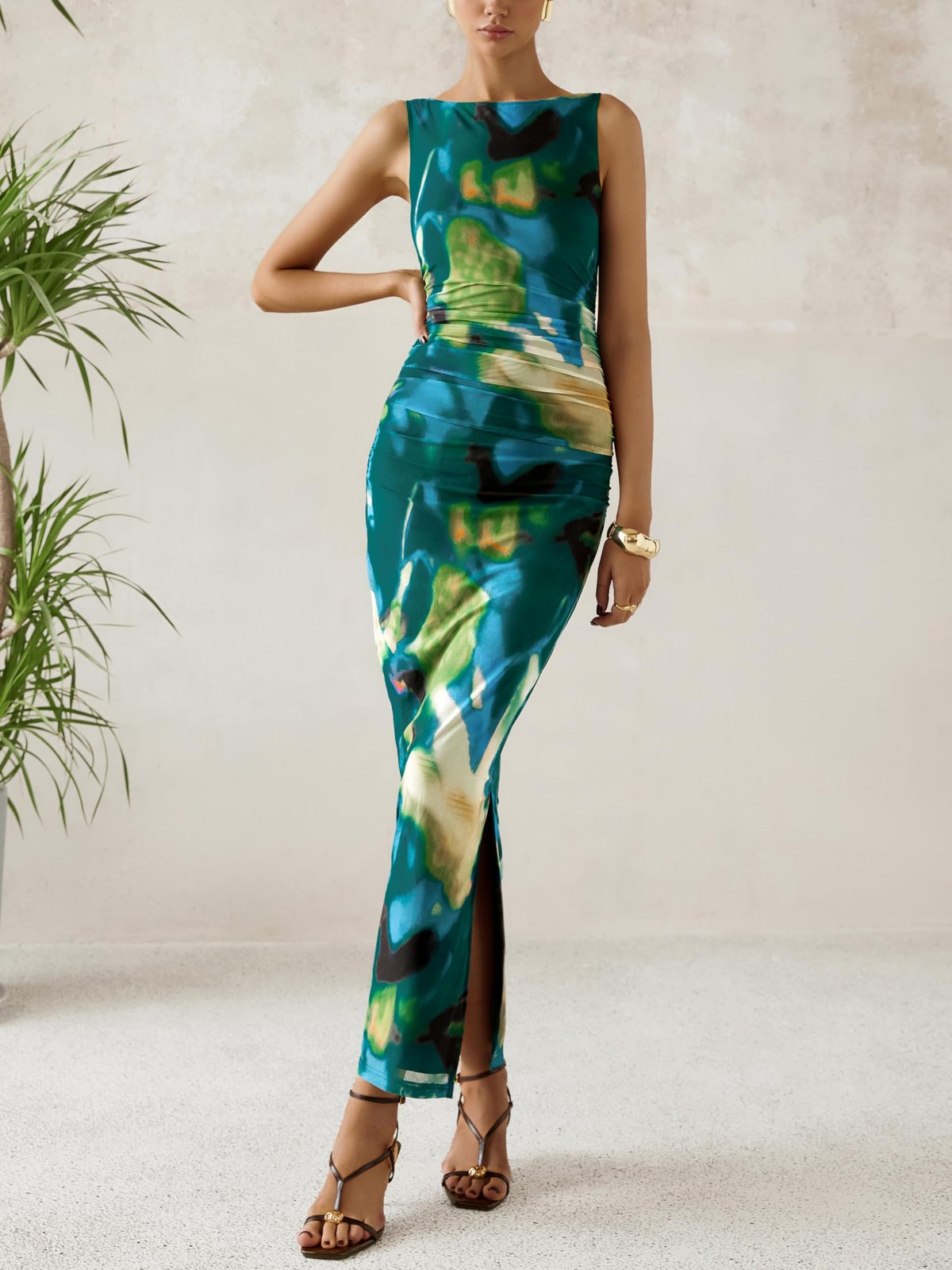 Womens Summer Floral Mesh Maxi Dress Bodycon Ruched Side Slit Party Cocktail New