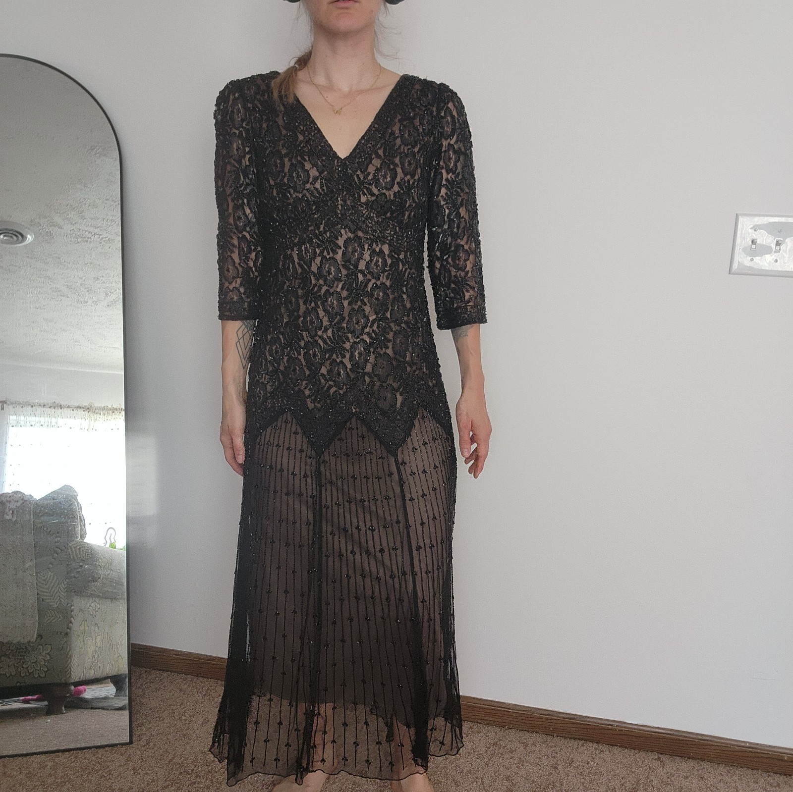 Pisarro Nights Black Floral Beaded Drop Waist Midi Dress Size 12