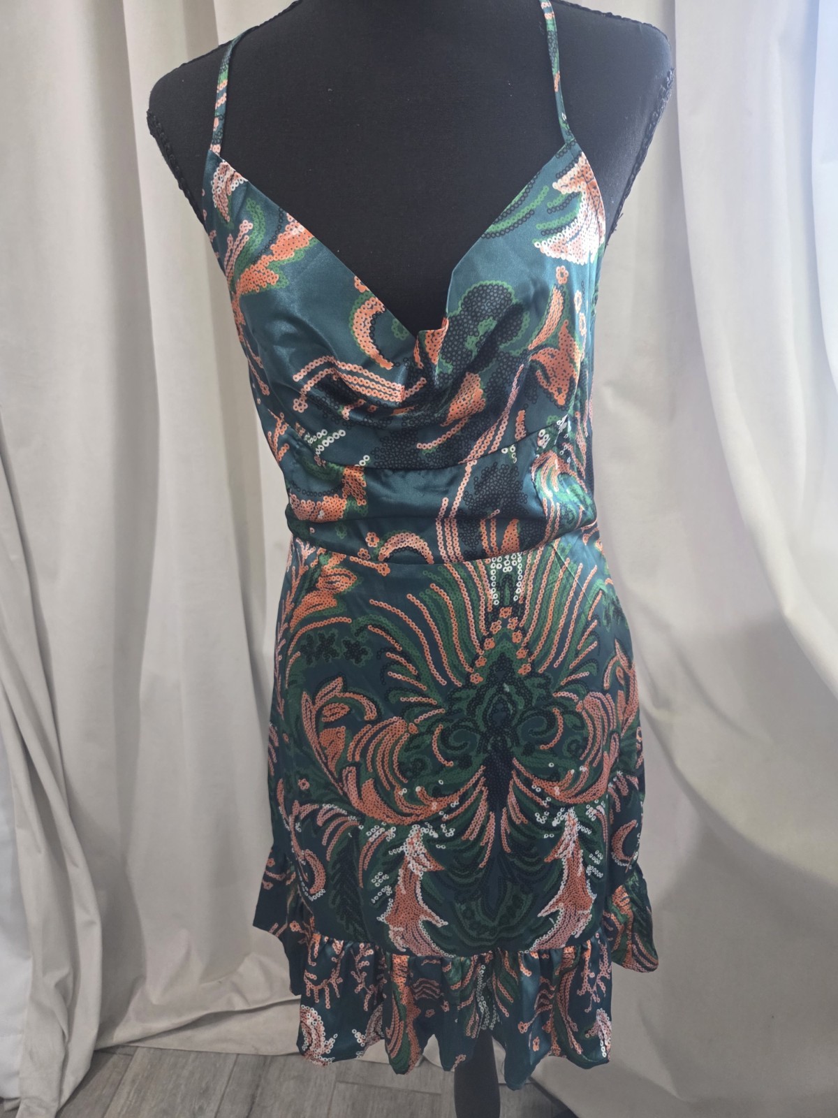 Women’s Green/Blue/Orange Paisley Cowl Neck Strappy Ruffle Hem Mini Dress M
