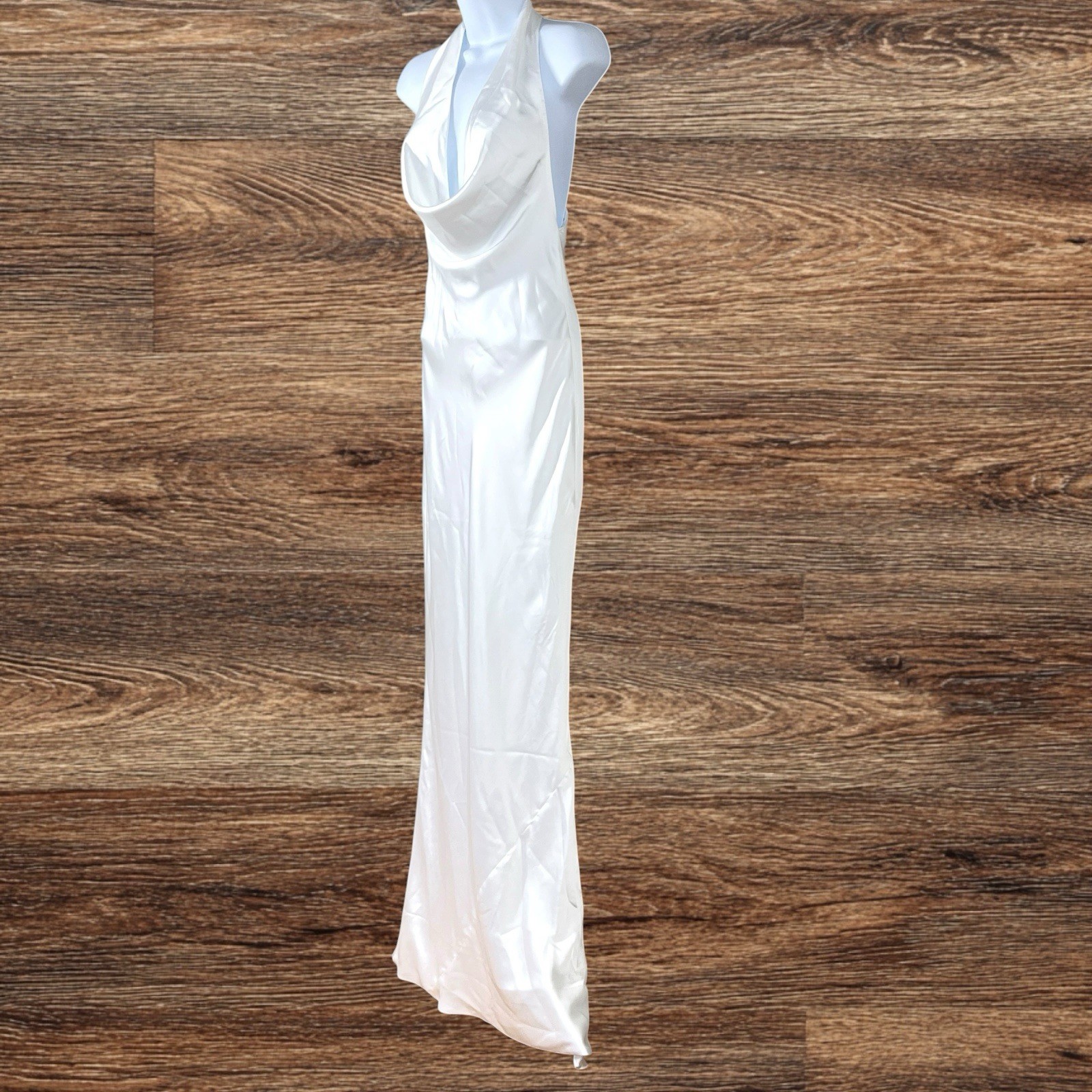 Norma Kamali Halter Drape Bias Gown Size XS White Satin Fishtail Hem Bridal Gala