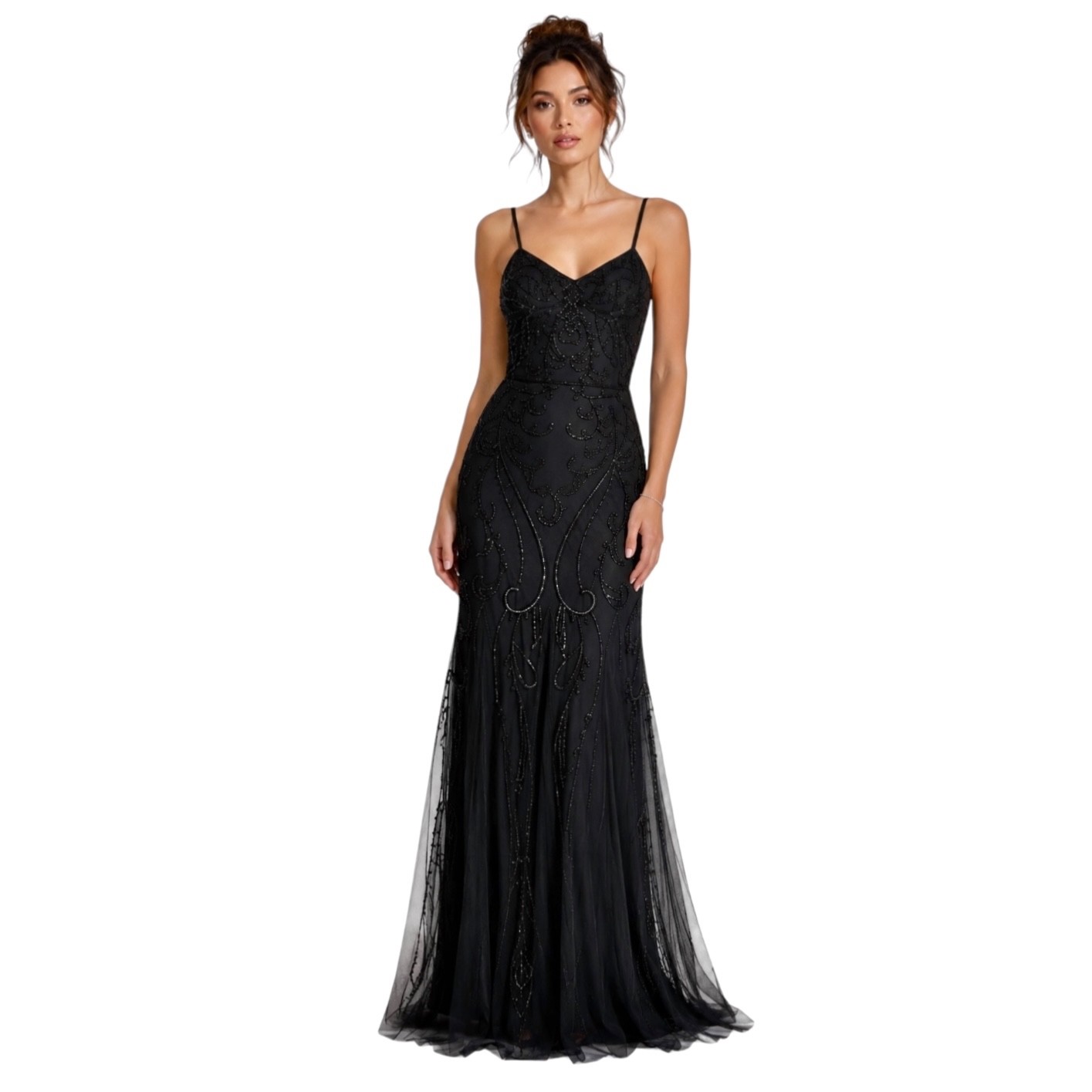 Adrianna Papell Platinum Black Beaded Maxi Dress Gown 2 0 Cutout Formal Godet