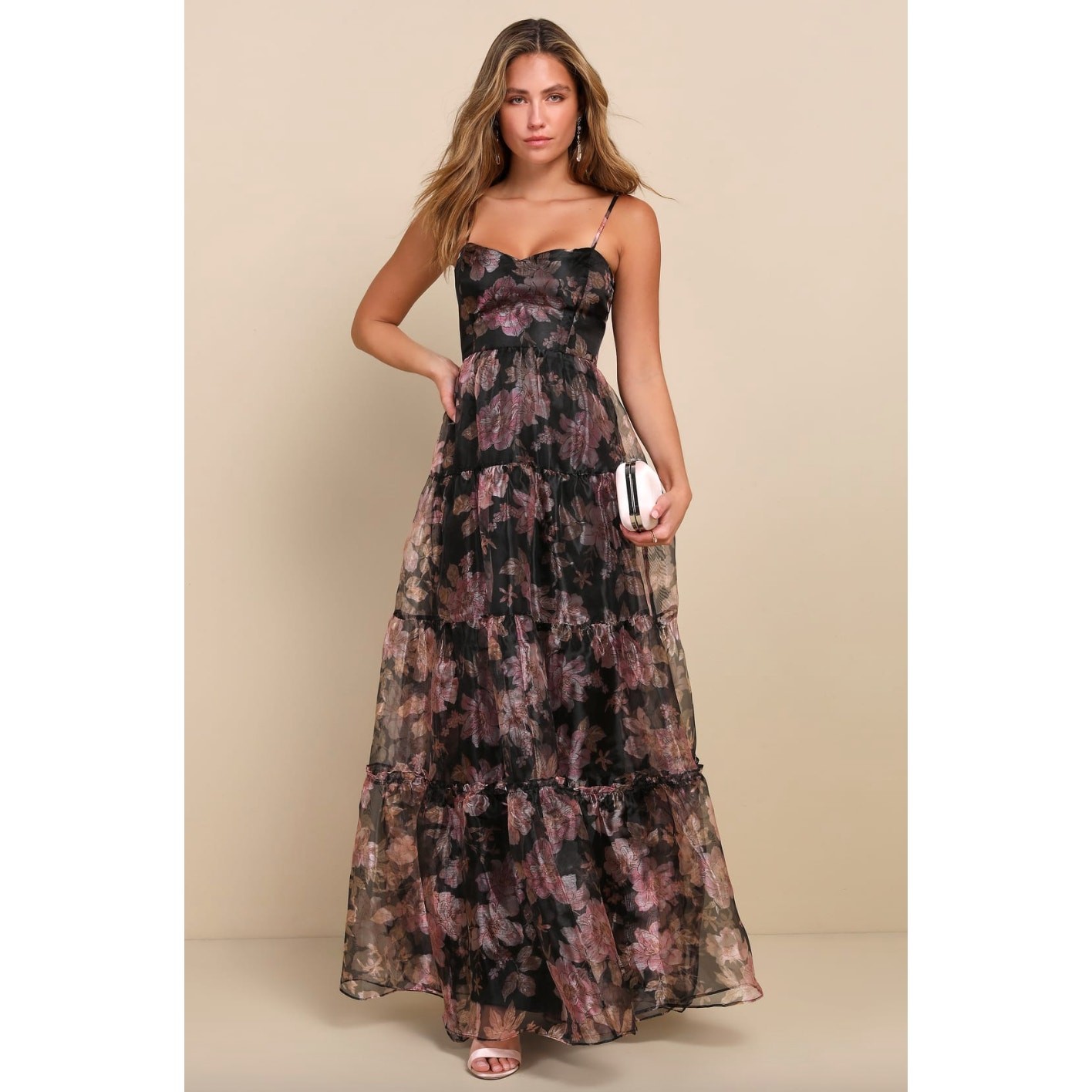 NEW Lulus Exclusive Glamour Black Floral Organza Tiered Maxi Dress Size L Party