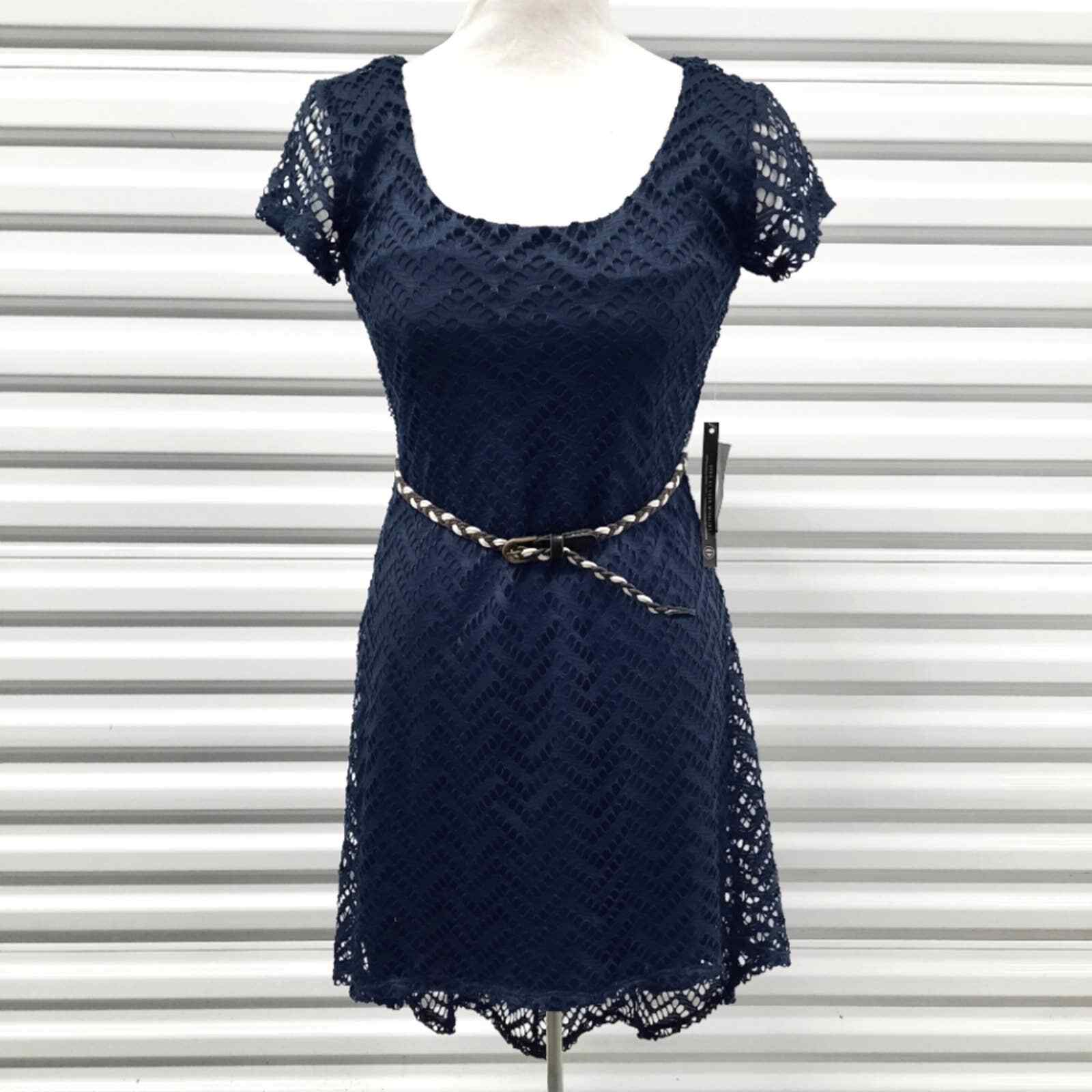 As U Wish Blue Dress Short Sleeve Embroidered Lace Asymmetrical Size Small