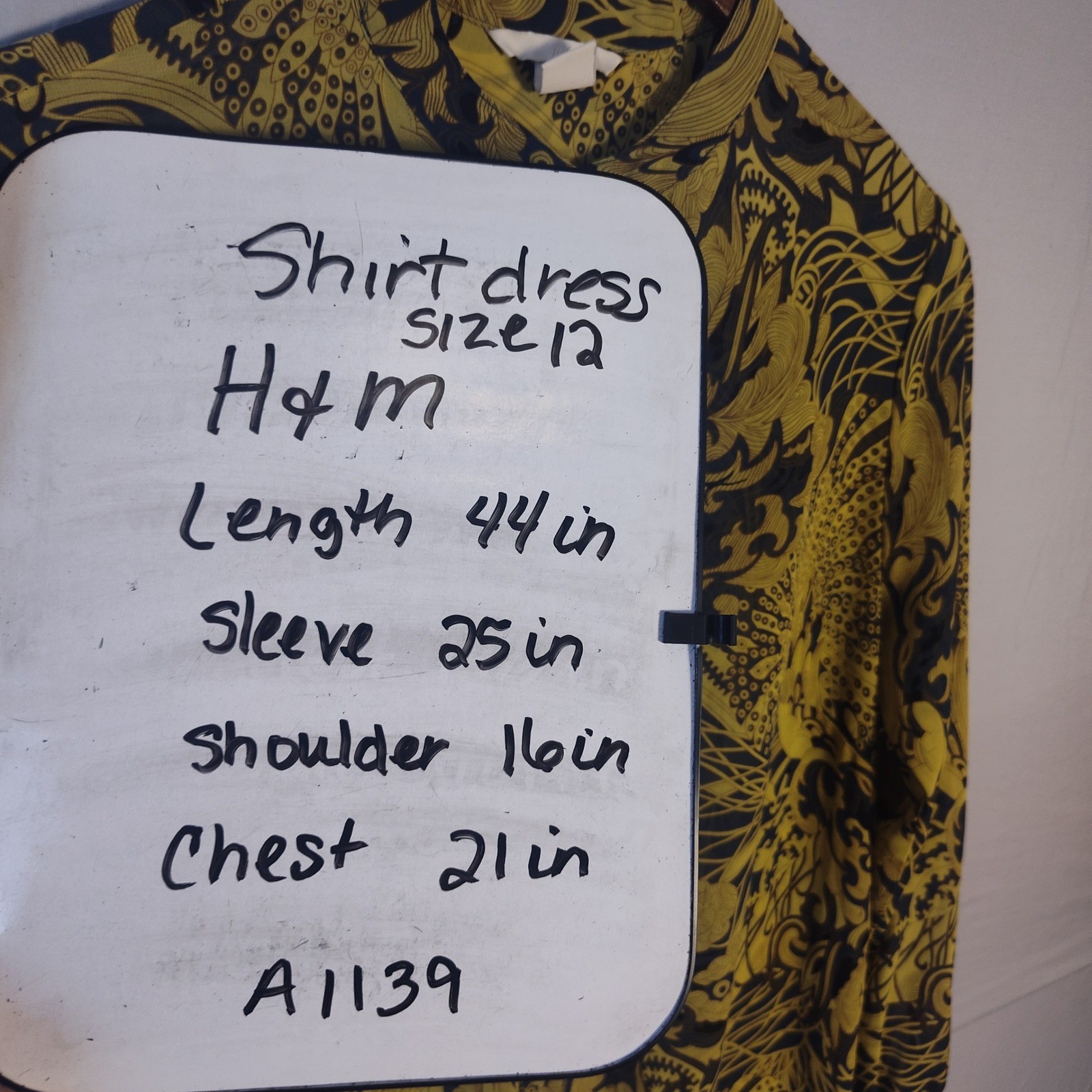 HM Womens Yellow Black Graphic Print Button Down Shirt Dress Size 12 Long Sleeve