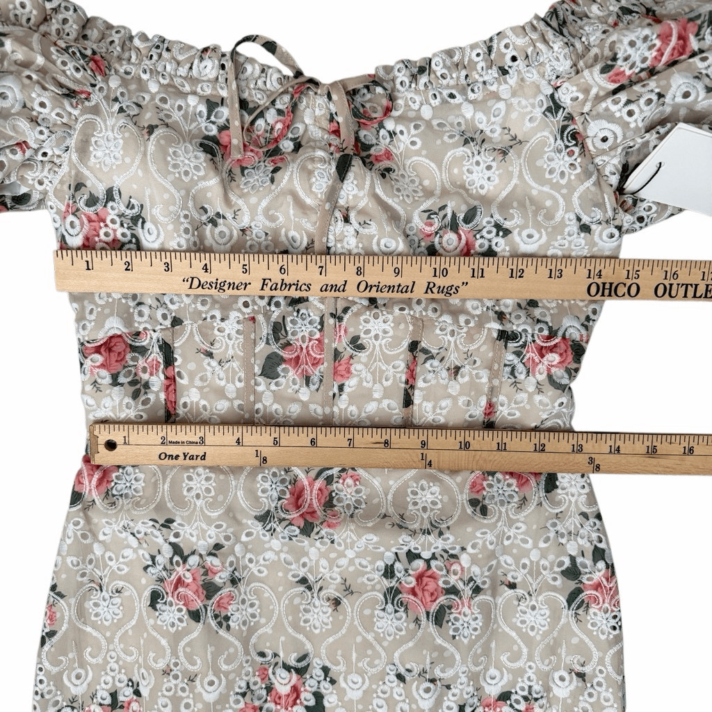 Lavish Alice Off Shoulder Floral Lace Midi Dress Puff Sleeve Corset Sz 6 NWT