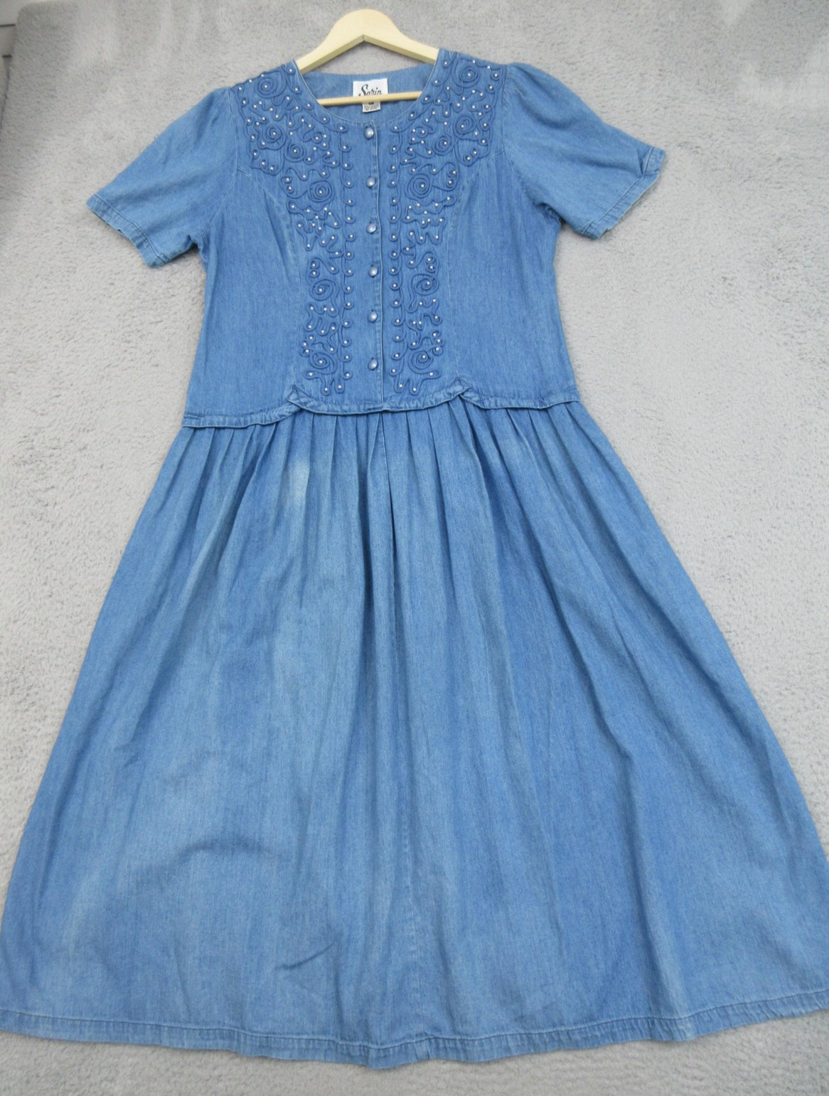 VTG Sarin New York Dress Womens Large Blue Denim Button Front Pearl Beaded Midi
