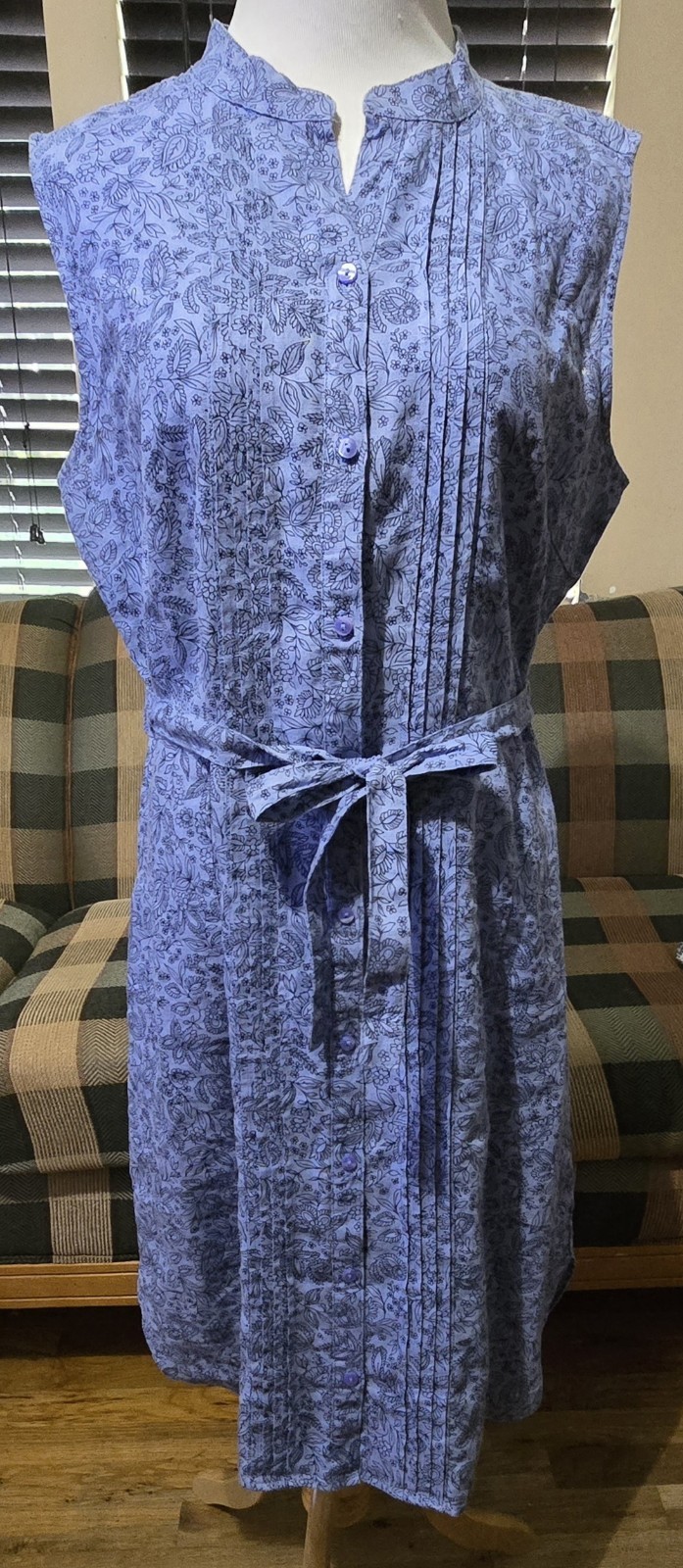 LL Bean Womens Button Up Linen Dress Sz 14 Blue Floral Sleeveless Pintuck Belt