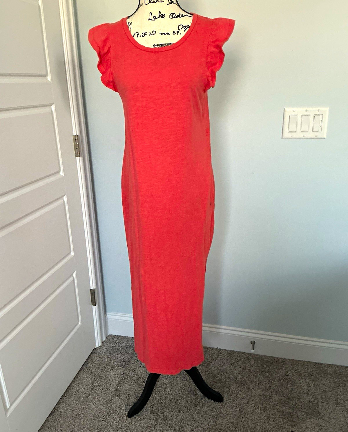 Z Supply Coral Cotton Knit Solid Round Neck Ruffle Side Slit Maxi Dress S
