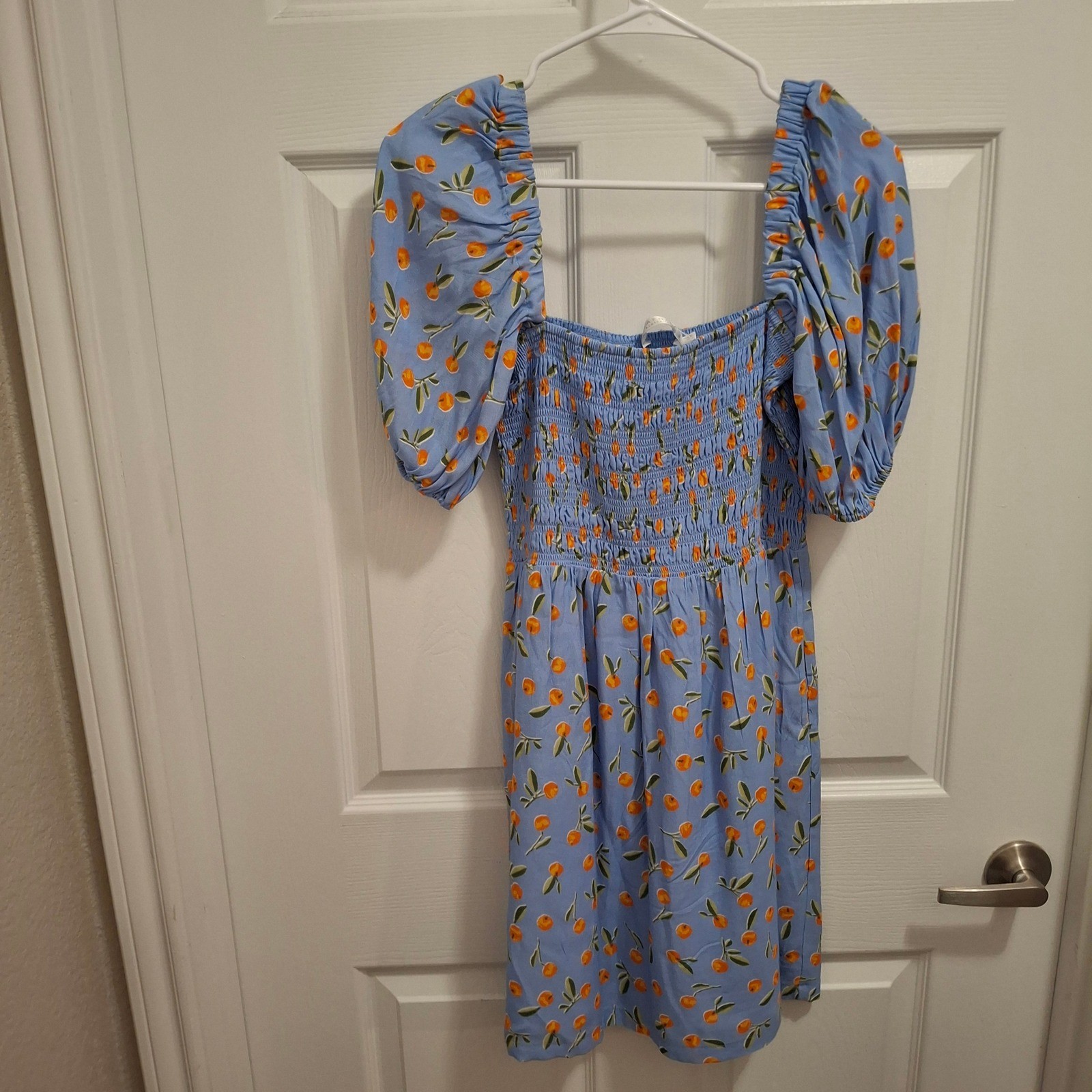 Seafolly Australia Blue Orange Floral Smocked Puff Sleeve Mini Dress Size S