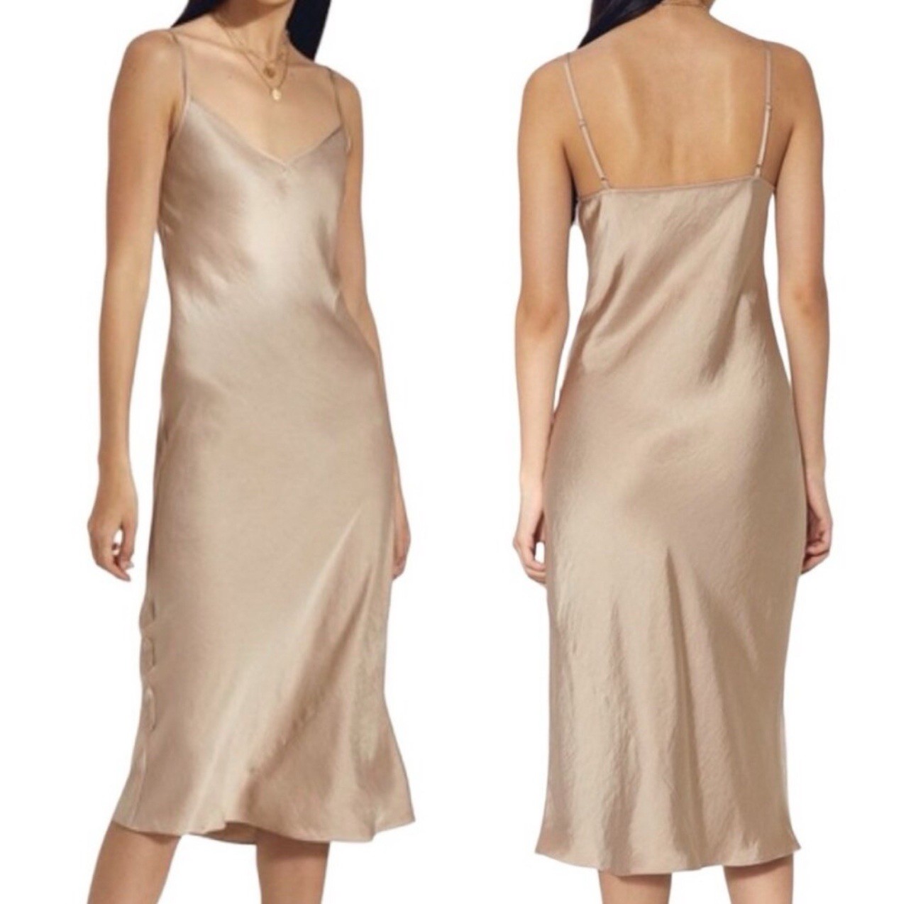 Aritzia Wilfred Free Christine Satin Midi Slip Dress in Marmont Nude Beige Sz L