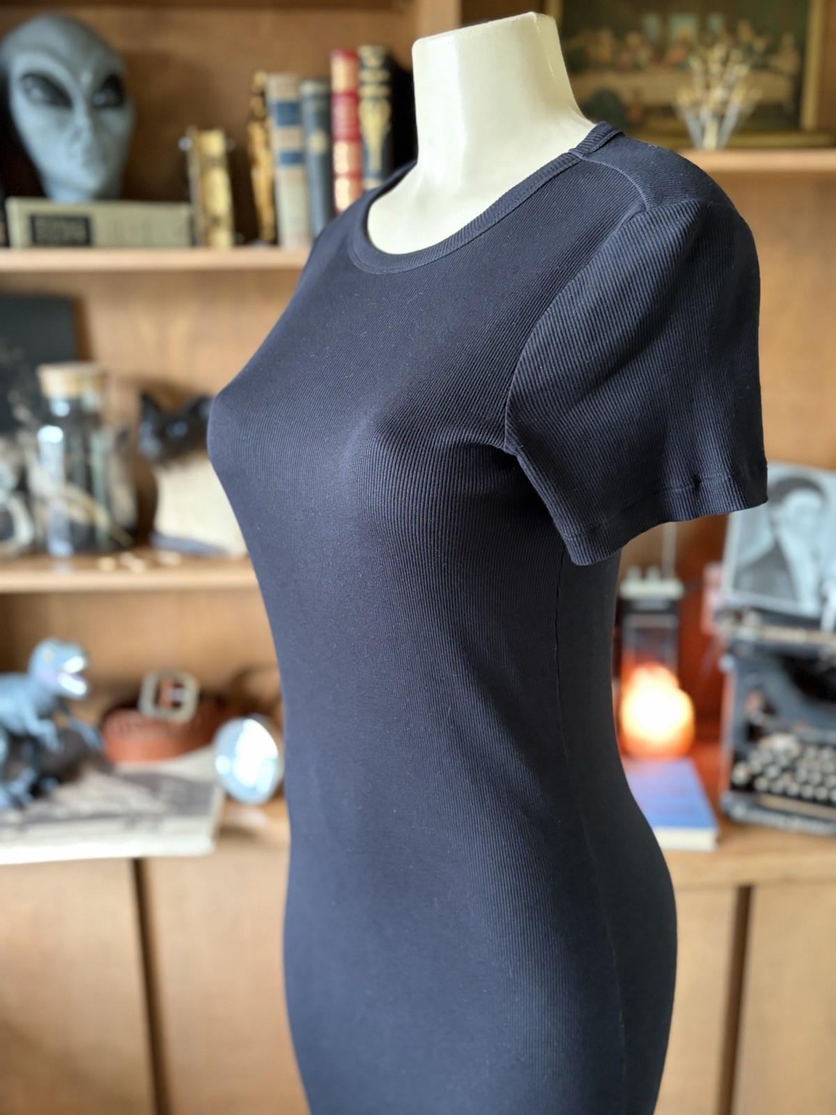 H & M Black Short-Sleeve Soft Rib Knit Midi Dress Size XS Dark Romantic Bodycon
