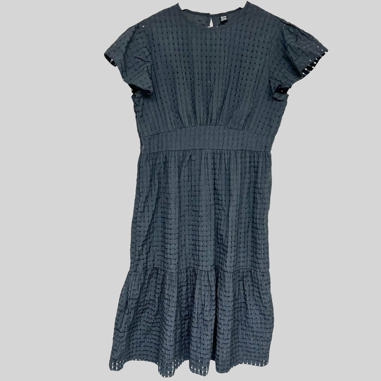 JORESS Rare Y2k Empire Waist Midi Dress Tiered Eyelet Flutter Sleeves 12 Black