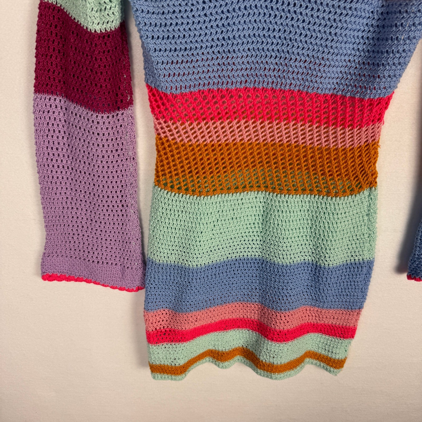 Multicolor Crochet Mini Dress Bell Sleeve Striped Open Knit Festival Boho M