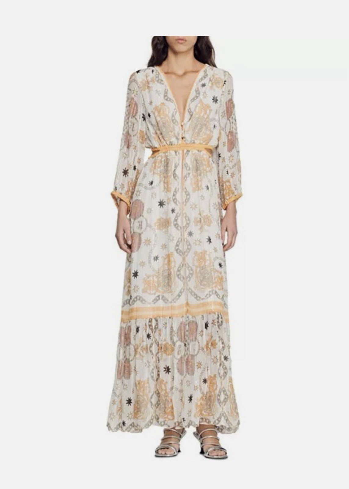Sandro Valldemossa Metallic Scarf Print Maxi Dress 38