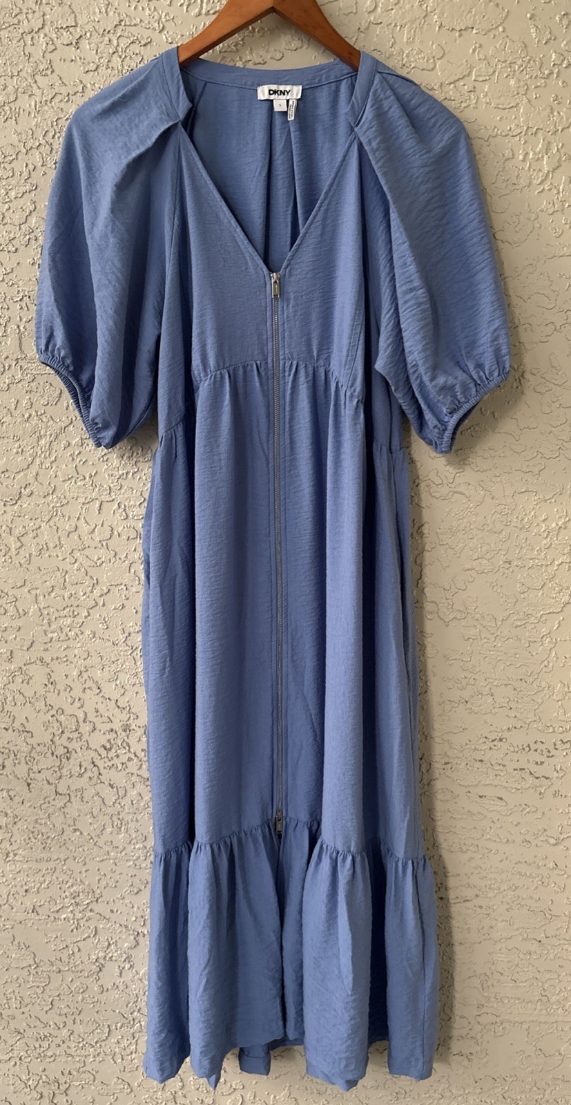 DKNY Light Blue Puff Sleeve Midi Dress Zip Front Tiered Peasant Small