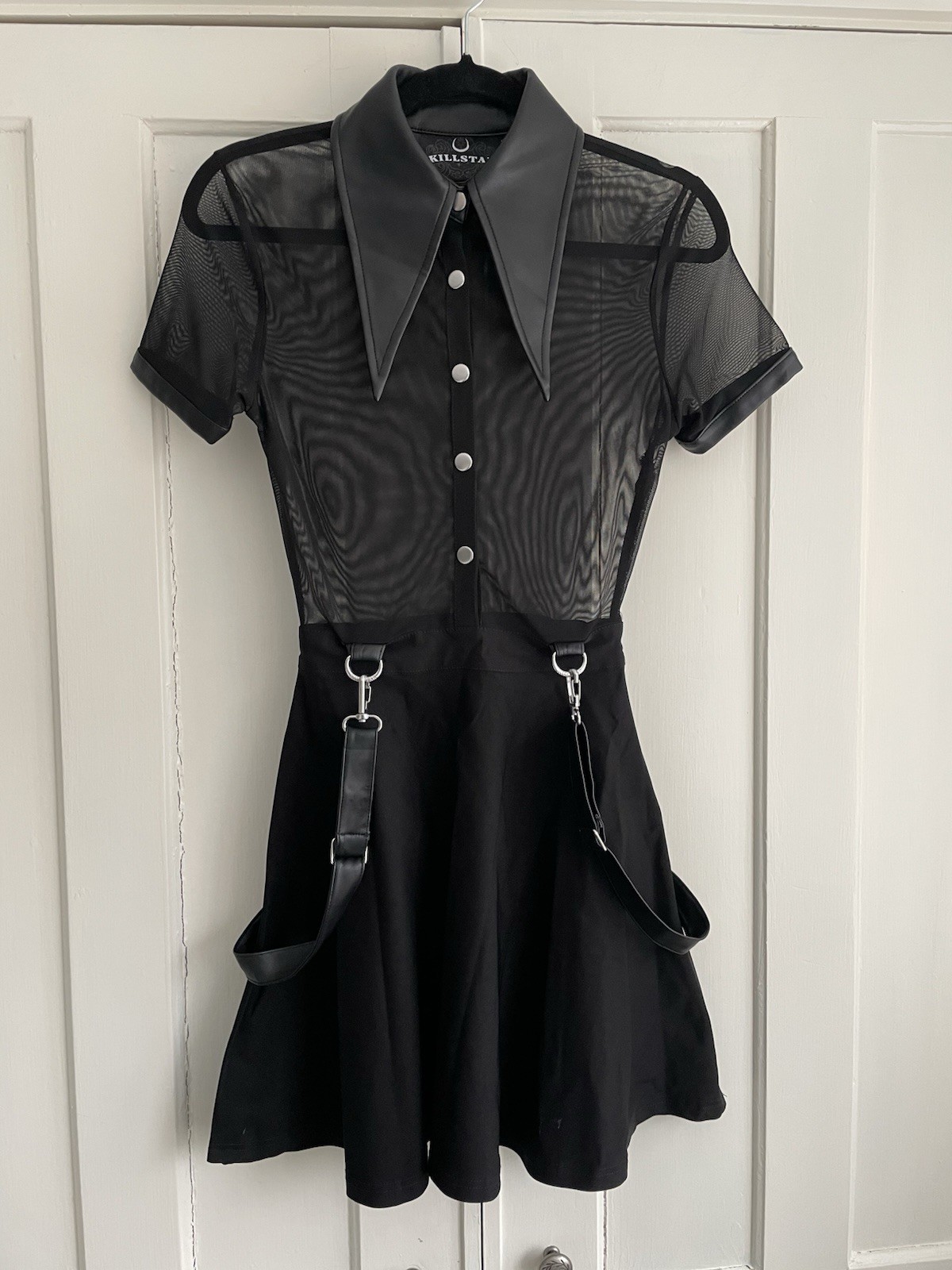 Killstar Dress XS Sheer Mesh Black with Vegan Leather Accents & Suspenders Goth