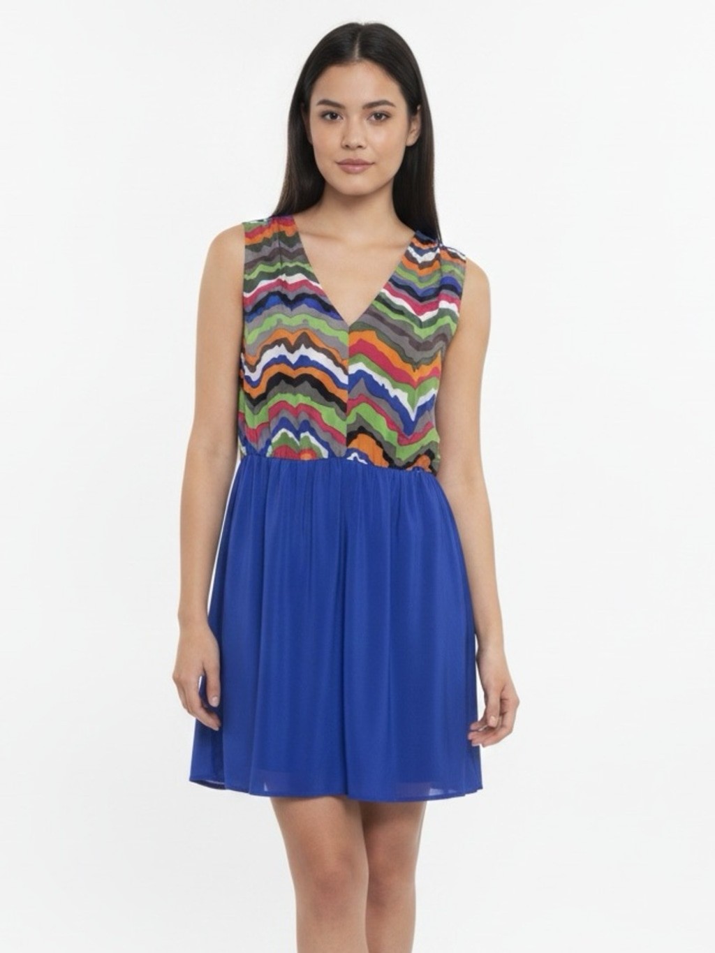 Petticoat Alley 100% Silk Dress Colorblock Pattern V-Neck Sleeveless L Rainbow