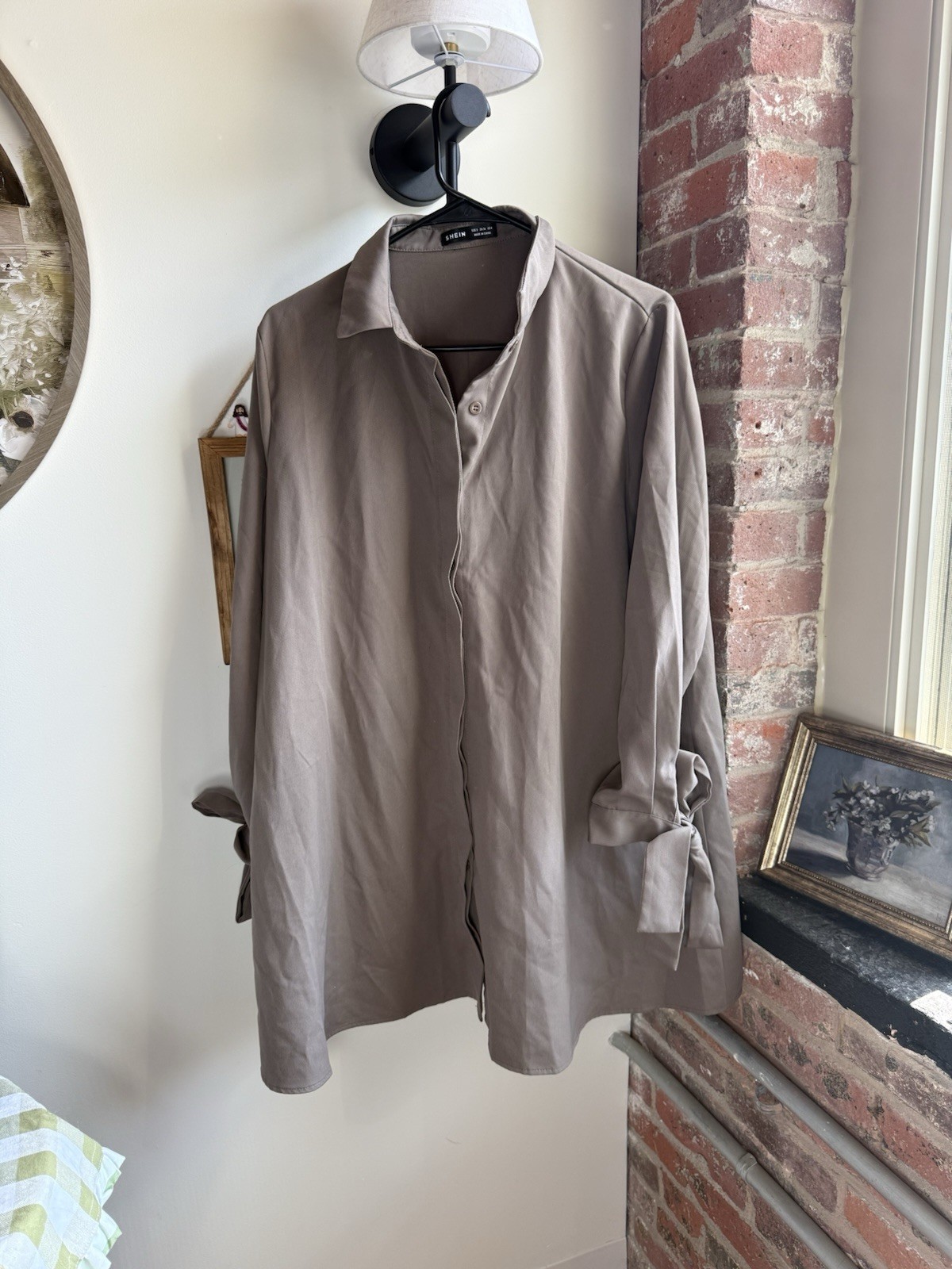 SHEIN Women’s Gray Solid Satin Collared Button-Up Blouse Dress Sleeve Size S