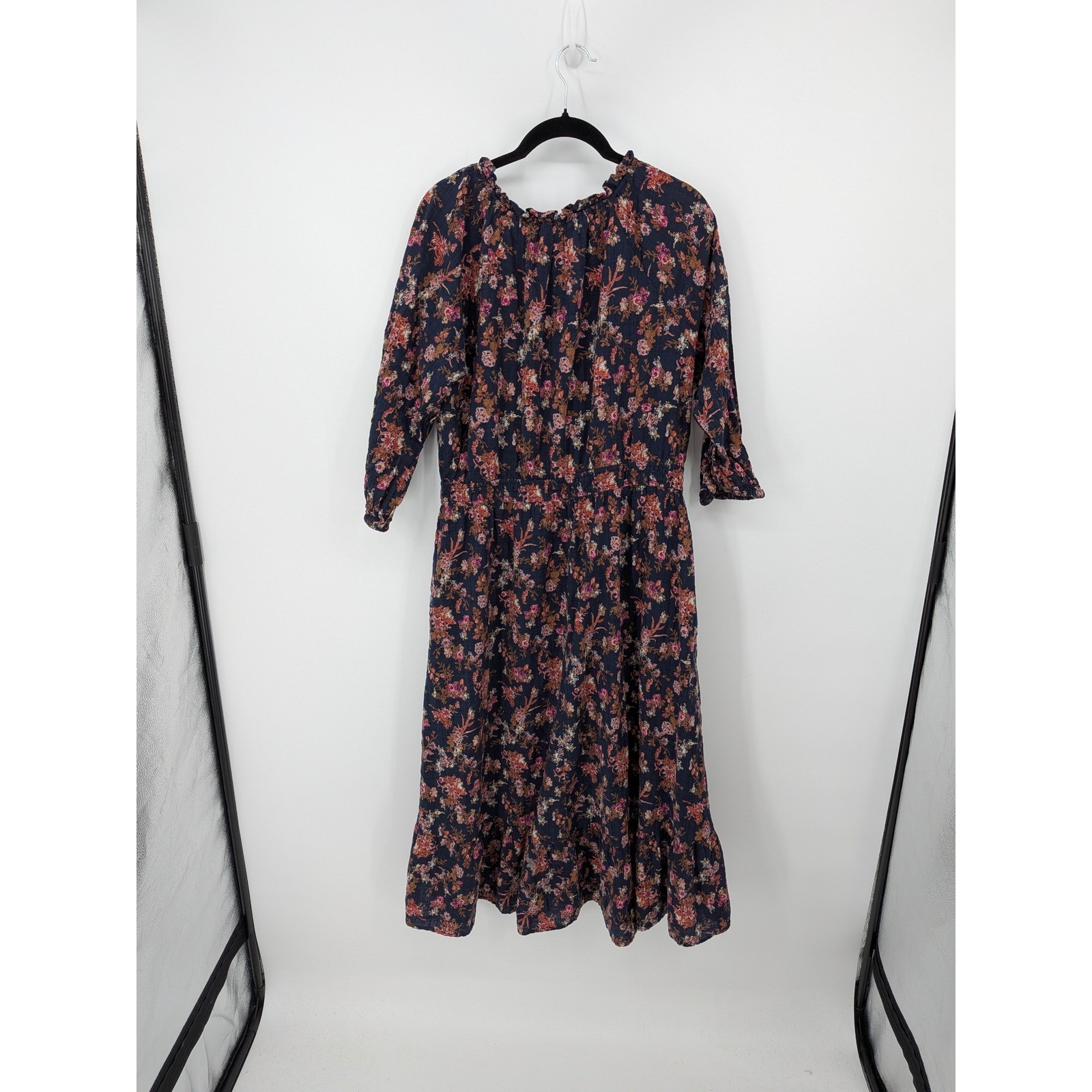Frye Floral Midi Dress Womens Large Navy Blue Boho Tassel Tie Smocked Waist