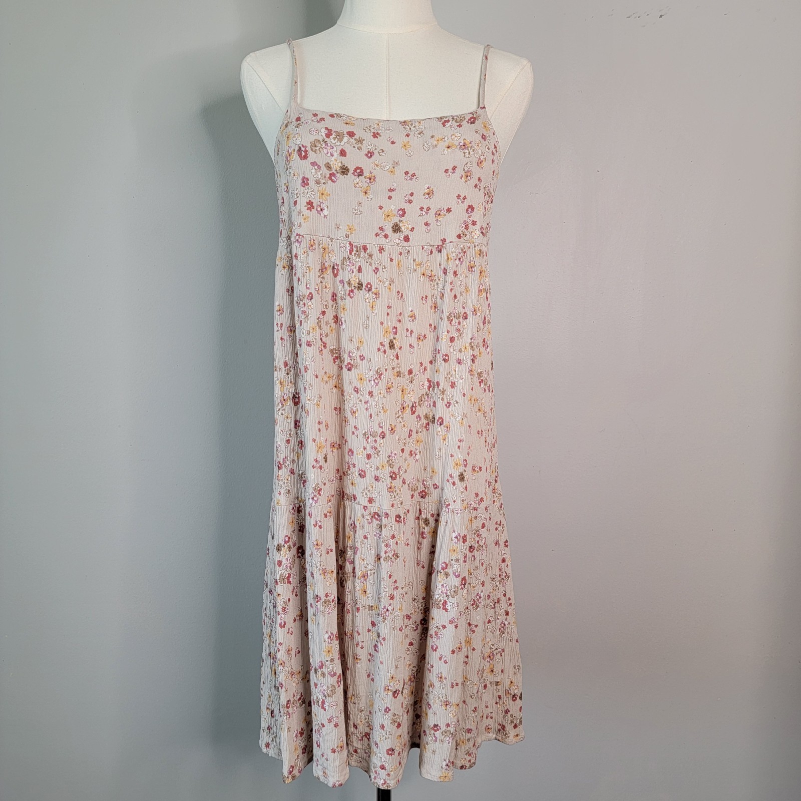 Sundress Tan Neutral Ditsy Floral Gauzy USA Beach Cottagecore Boho Final Touch S