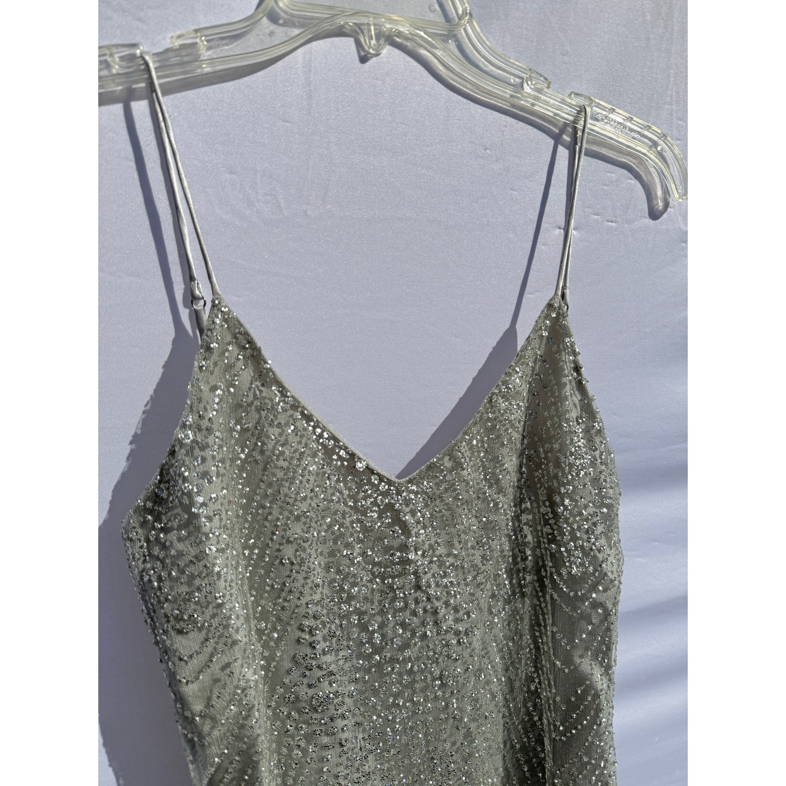 Meshki Aviana Silver Jeweled Glitter Mesh Midi Party Dress Sz S