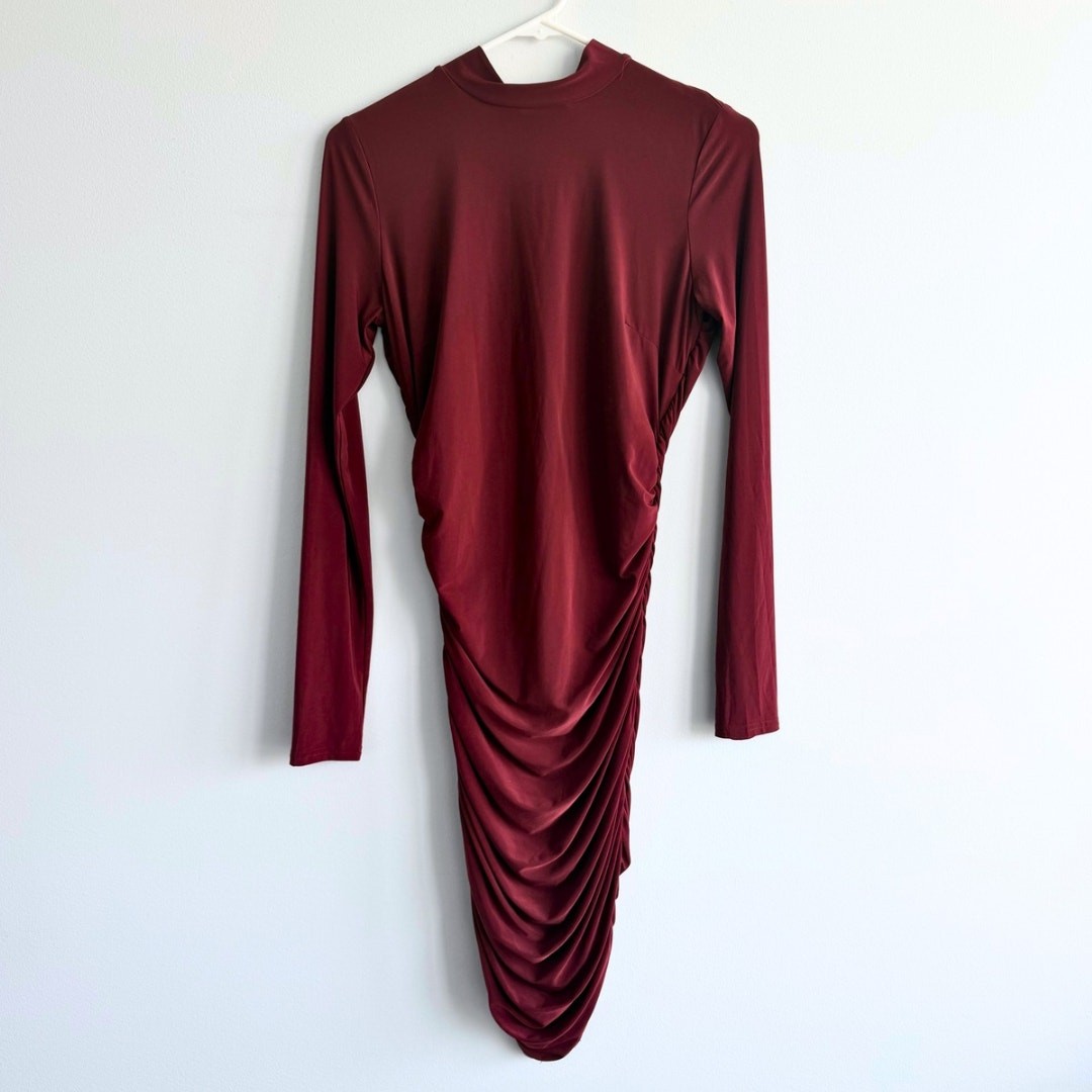 Tiger Mist Burgundy Ruched Bodycon Dress Long Sleeve Mock Neck Size L