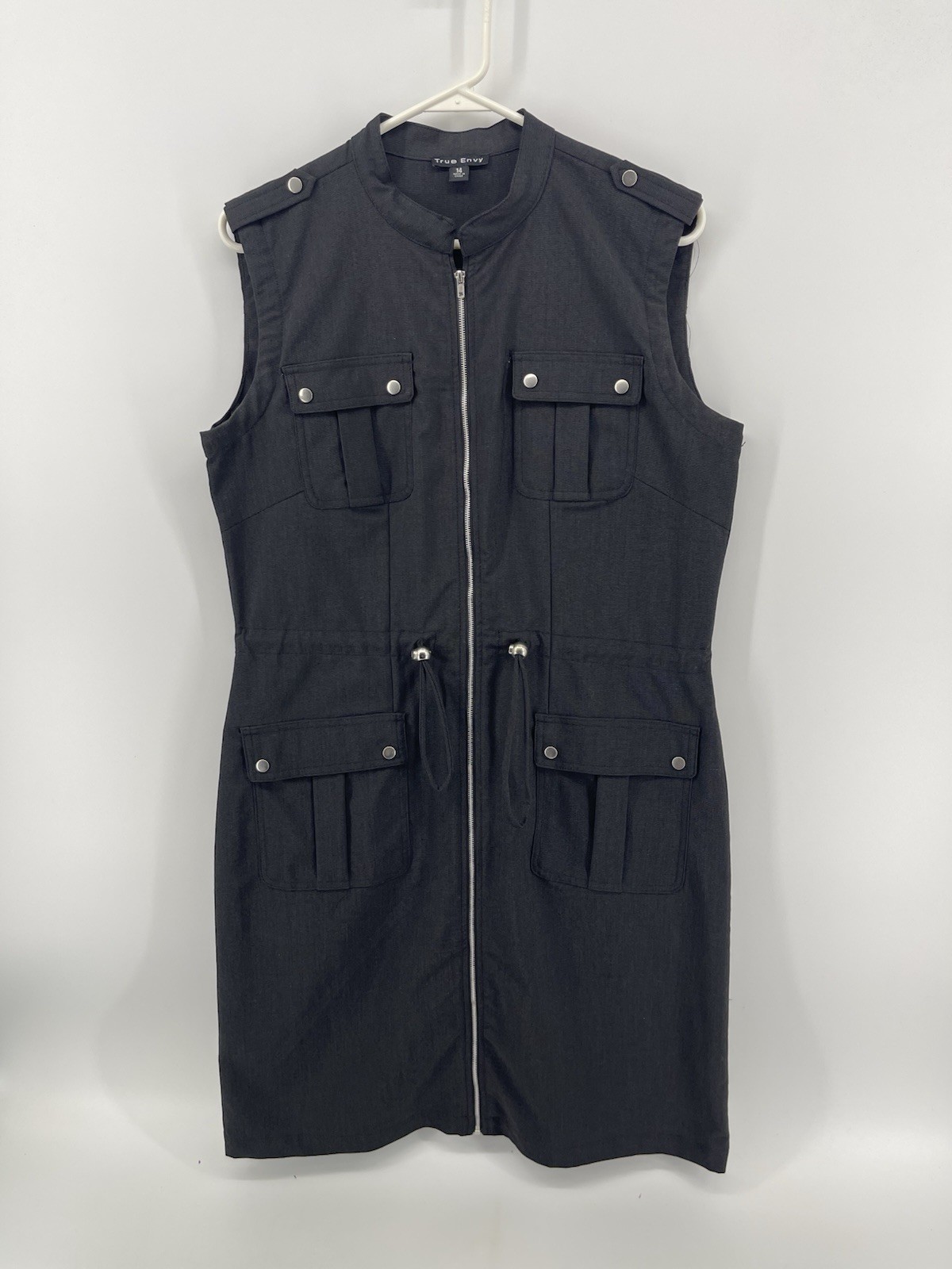 True Envy Sleeveless Dress Womens Size 14 Black Full Front Zip Cargo Pockets