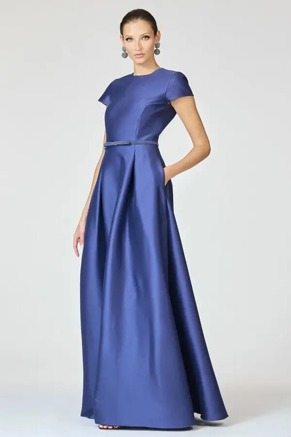 Sachin & Babi Washed Indigo Blue Blythe Box Pleat Beaded Belt Gown Size 18W $995