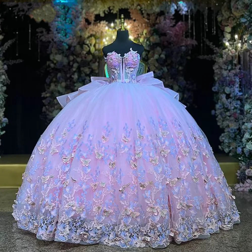 Pastel Pink Sheer Corset 3D Butterfly Quinceanera Ball Gown Sweet 16 Dress