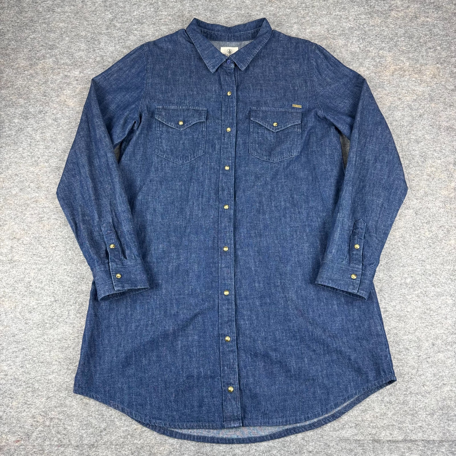 Volcom Snap Front Denim Shirt Dress Pockets Cotton Blue Womens XL