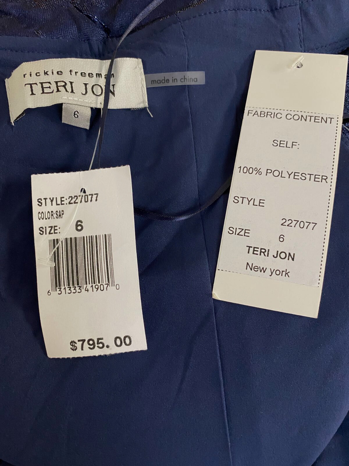 $795 Rickie Freeman for Teri Jon Women’s Blue Jacquard Draped Gown Dress Sz 6