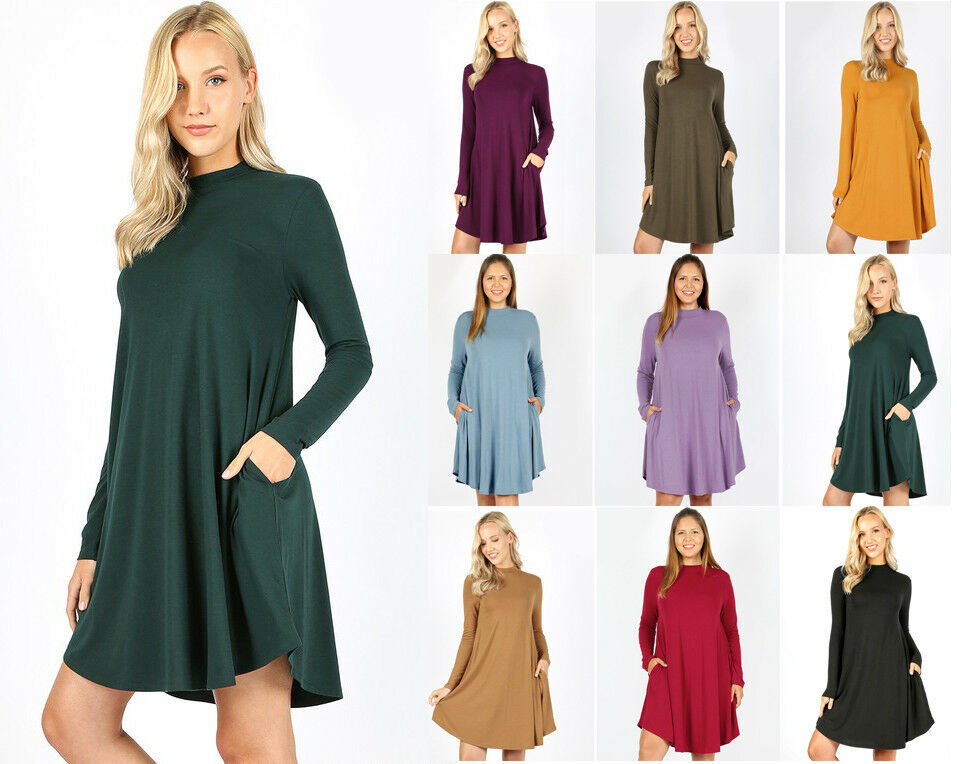 Long Sleeve Swing T-Shirt Dress Mock Neck Solid Casual Tunic Soft Knit Dress
