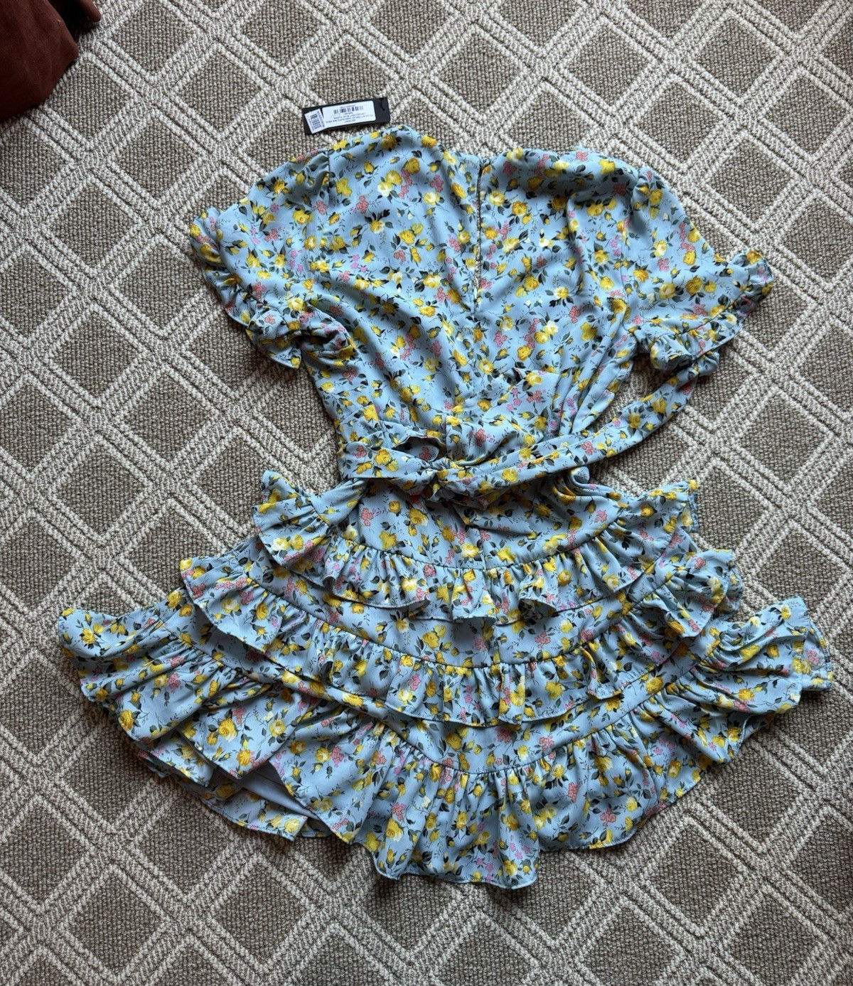 Lulus Women’s L Blue/Yellow Floral Ruffle V-Neck Puff Sleeve Mini Dress