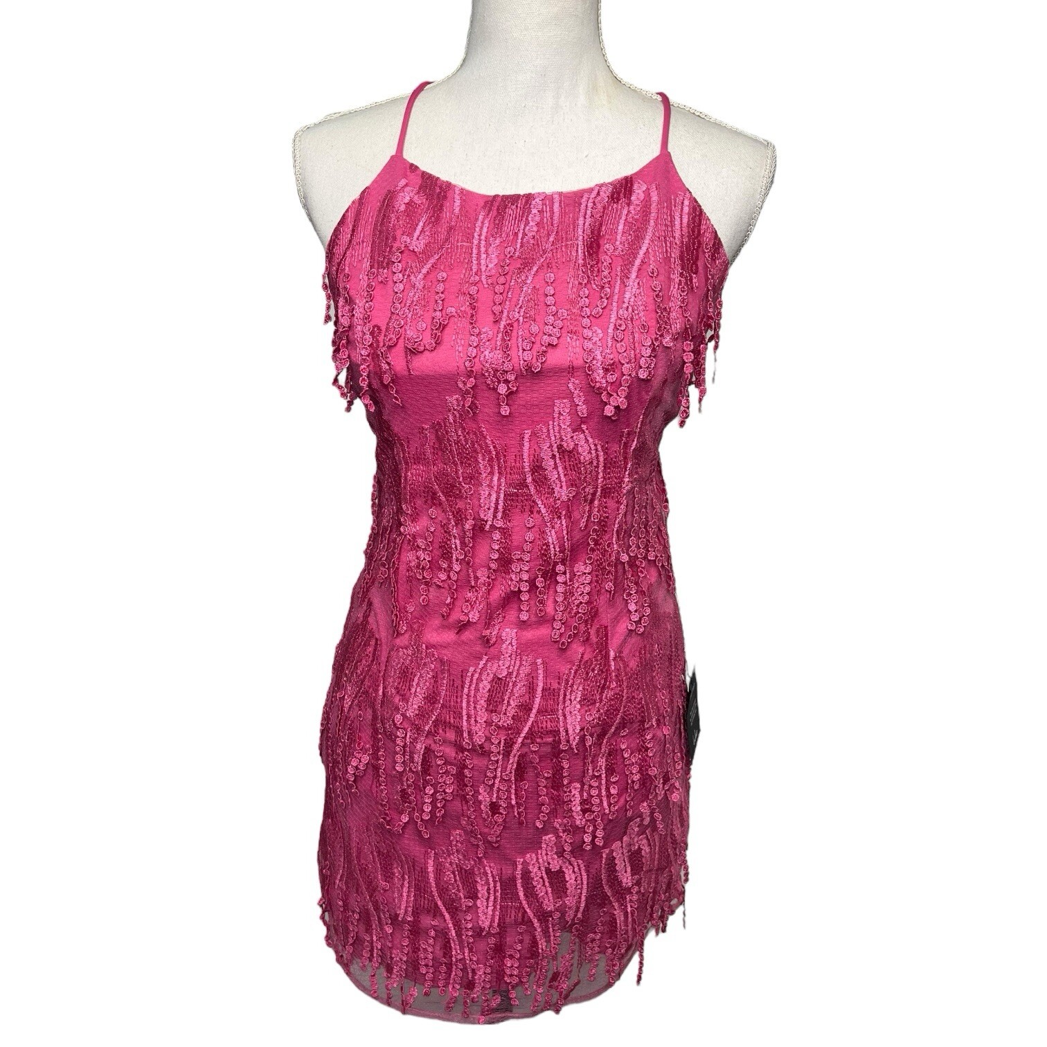 New Lulus Dress Womens M Making Magic Fringe Lace Up Mini Overlay Bright Pink