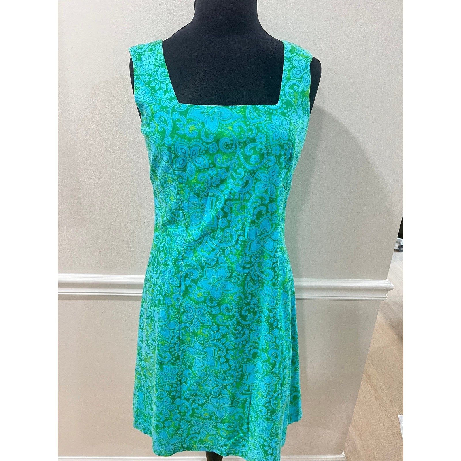 Love-Life Felice Pappas Teal Green Floral Paisley Square Neck Shift Dress Large